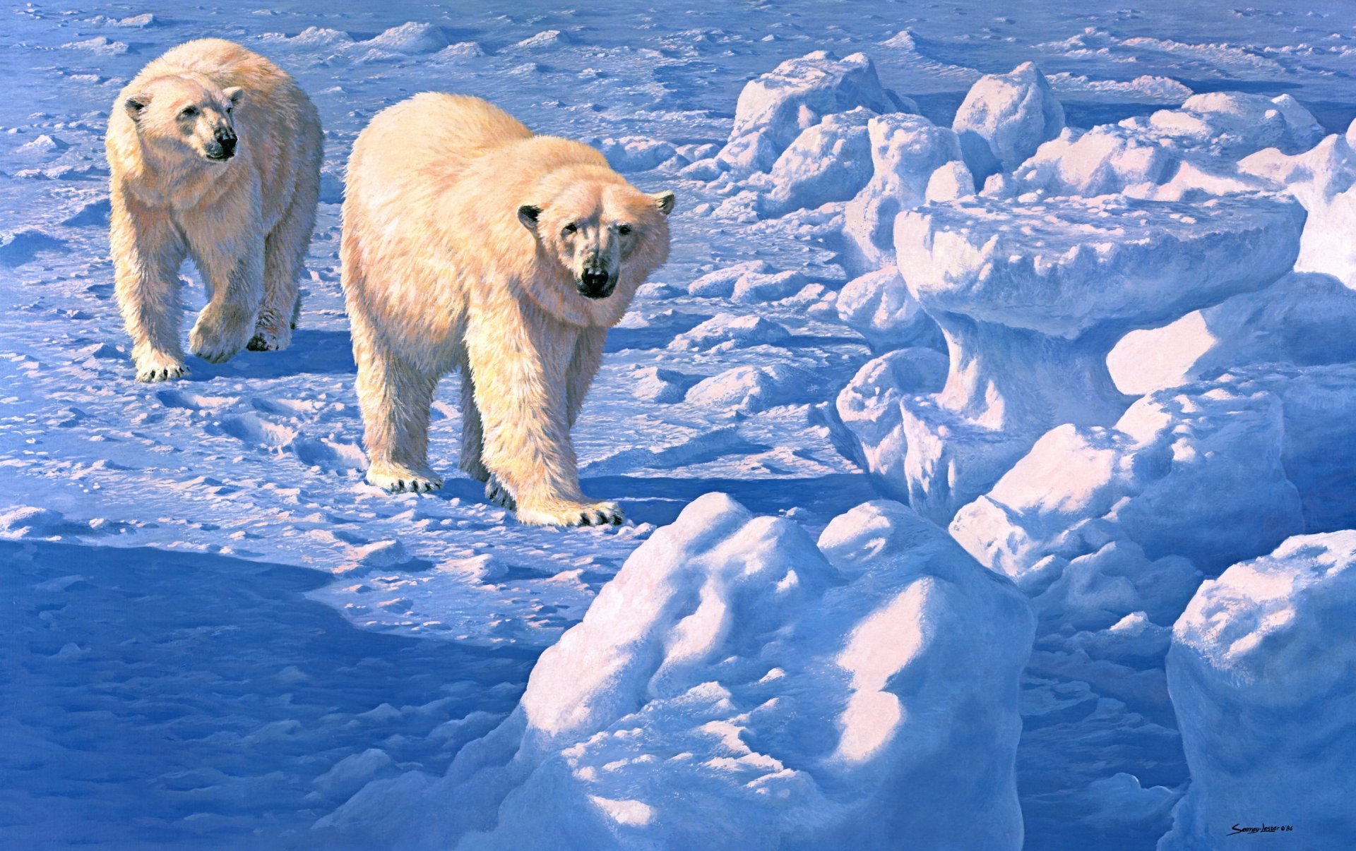 john seerey-leicester a lo largo del témpano de hielo pintura polar oso polar invierno nieve osos