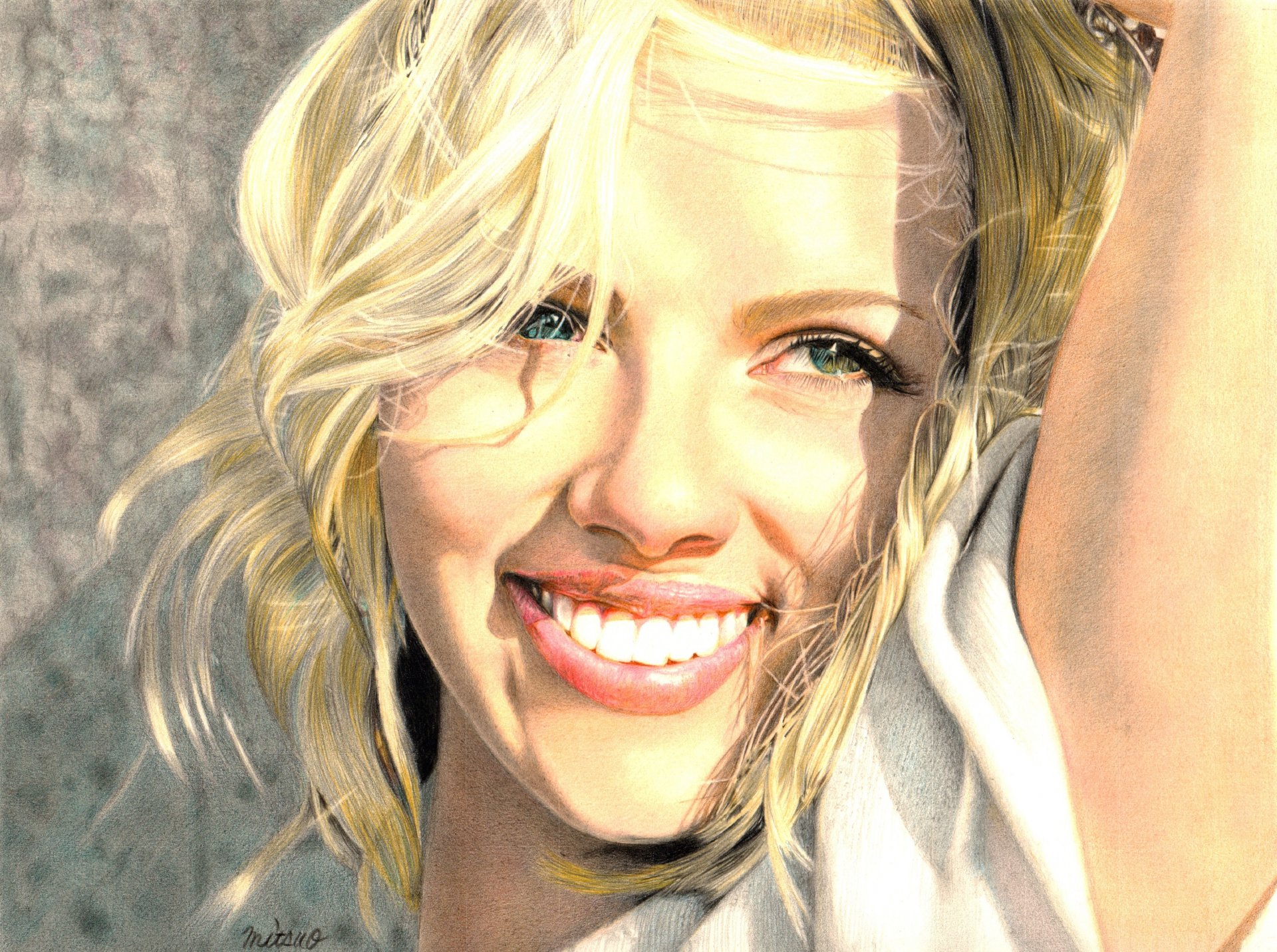 scarlett johansson pintura actriz sonrisa rubia ojos verdes