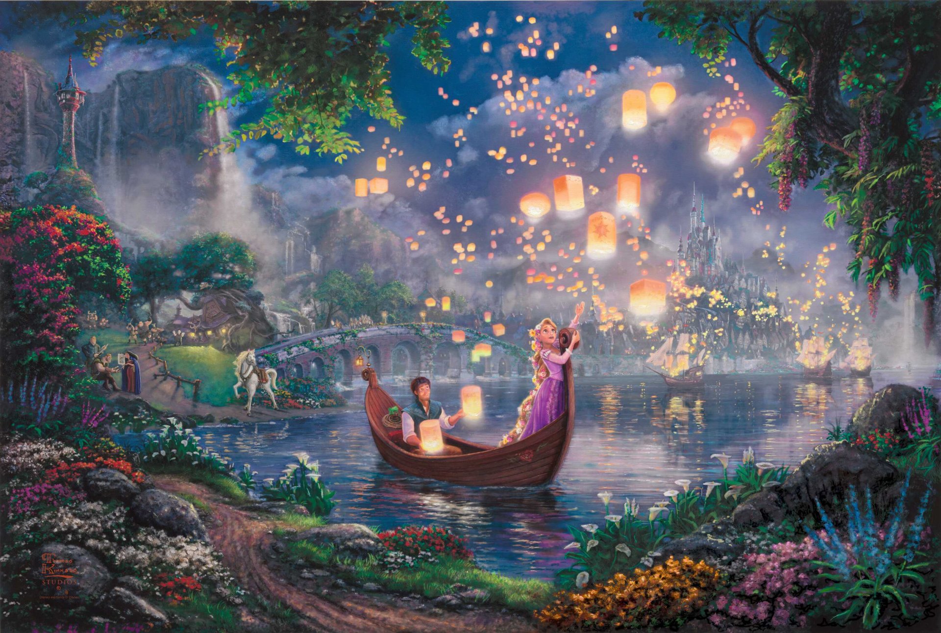 rapunzel: una historia enredada thomas kincaid pintura kincaid walt disney 50 aniversario cuento de hadas hermanos grimm rapunzul princesa flynn maximus madre gothel pascal barco lago linternas flotantes linternas luces cielo estrellado flores vela puente palacio más allá