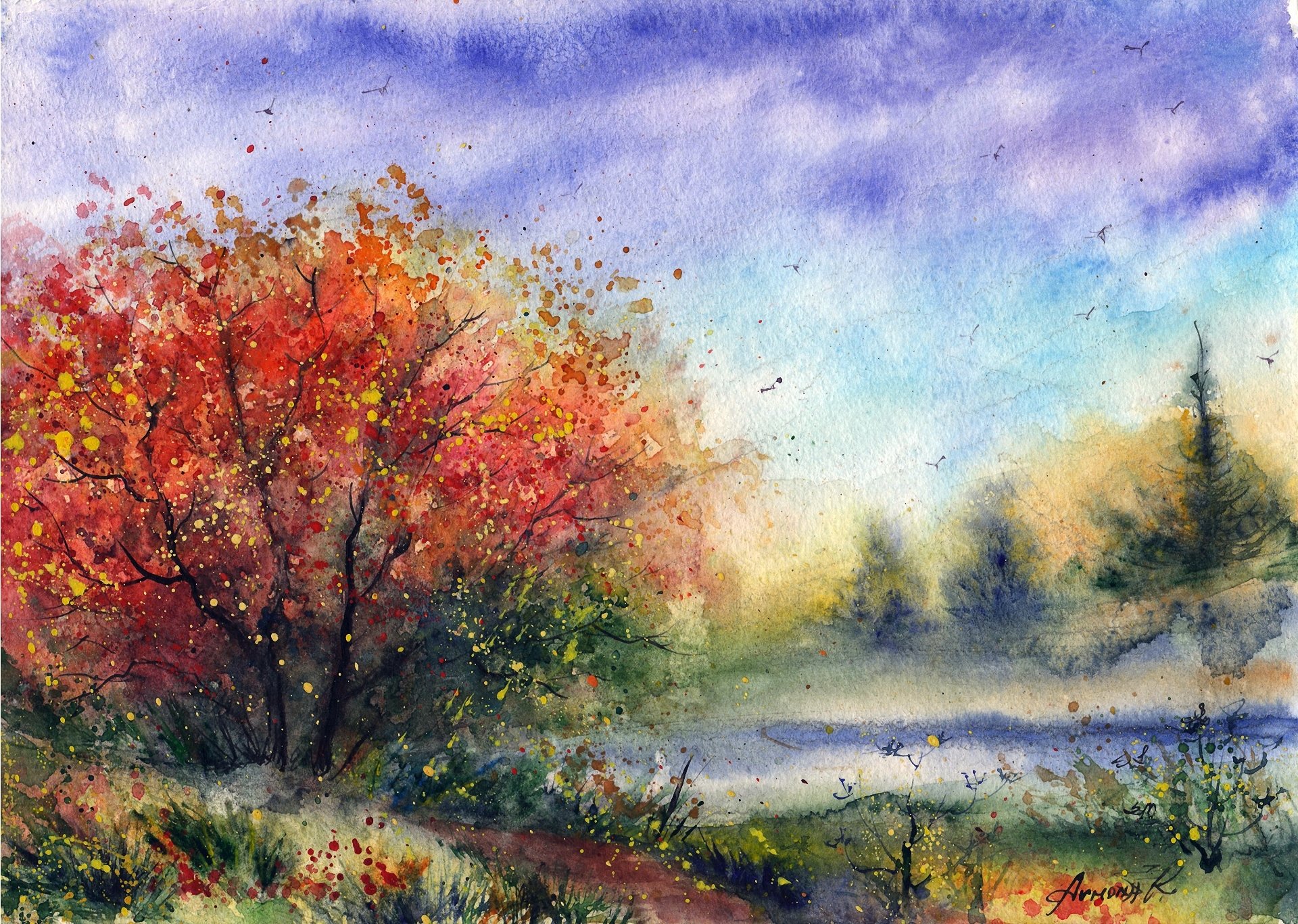 painted landscape watercolor tree road birds flower