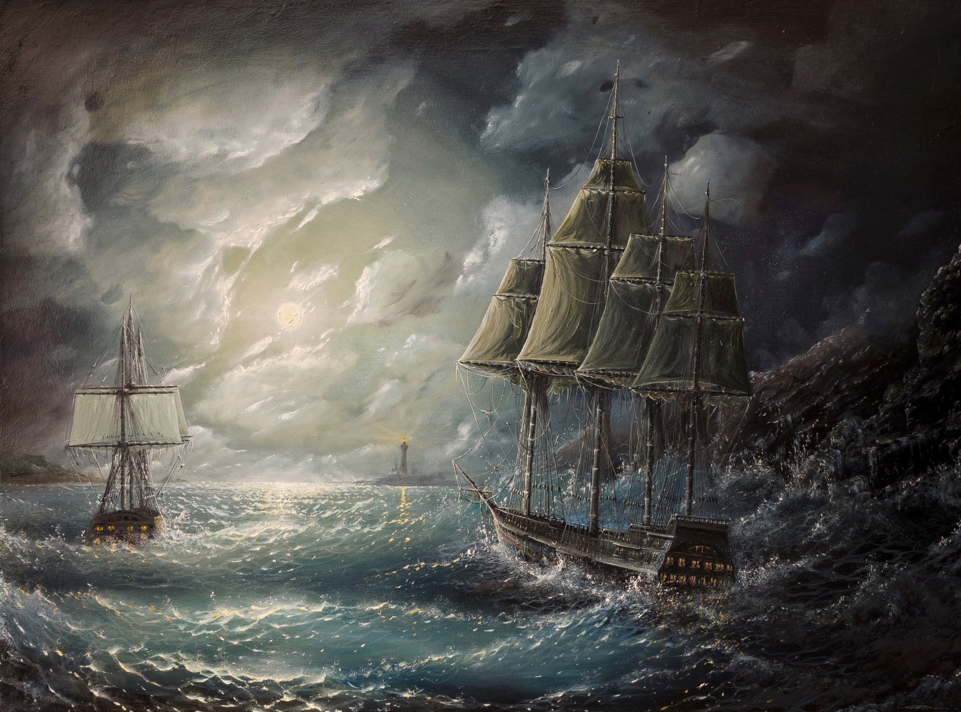 peinture navires voiles océan vagues tempête phare ciel nuages