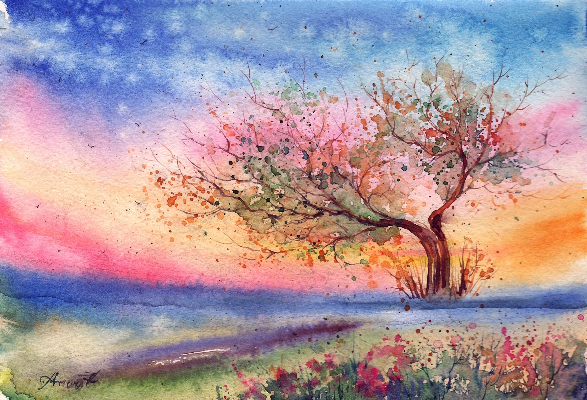 paysage dessiné aquarelle soir vent arbre herbe fleurs