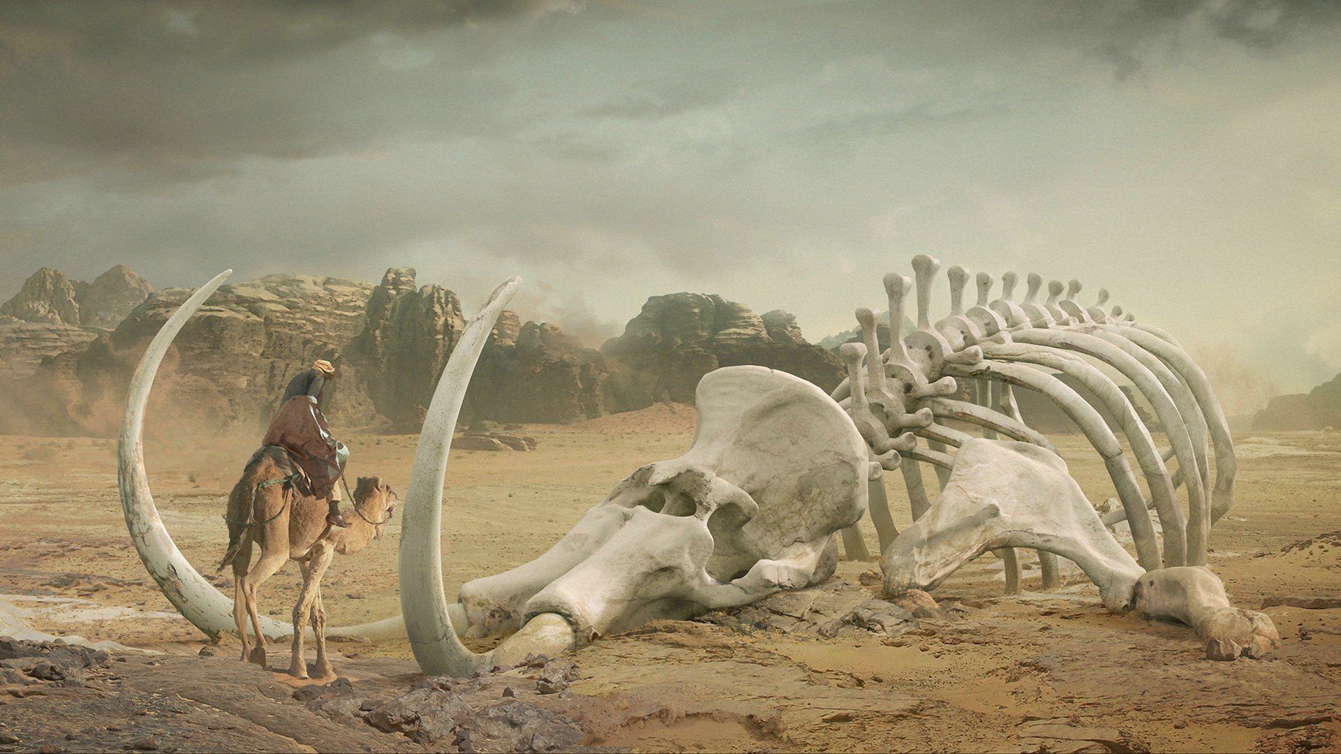 arte daniel romanovsky desierto camello beduino esqueleto gigante colmillos mamut