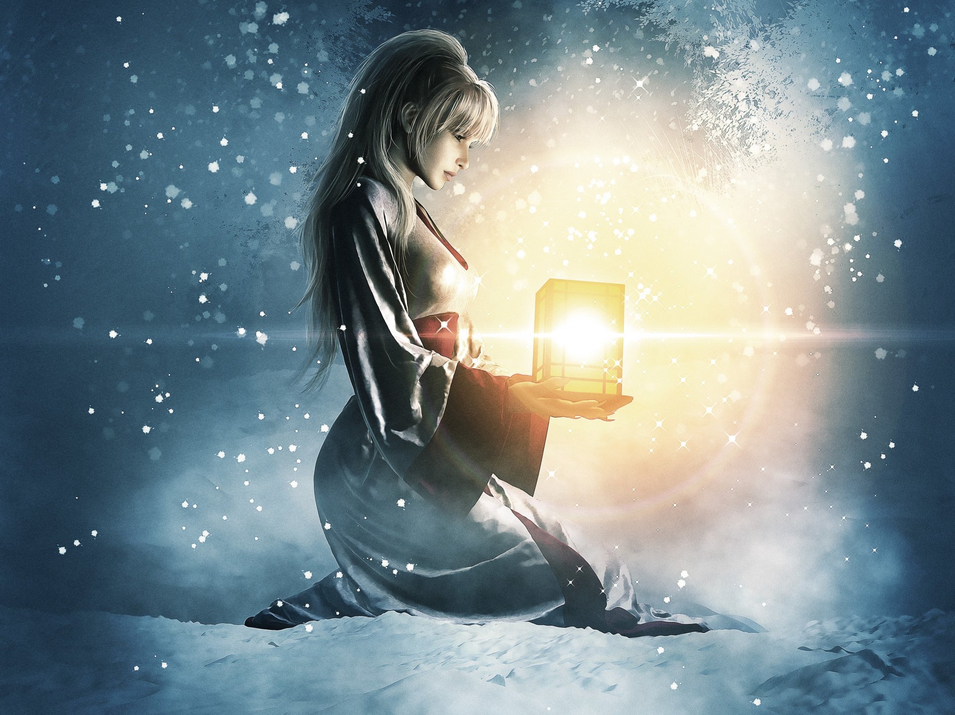 art girl winter snow lantern light sitting