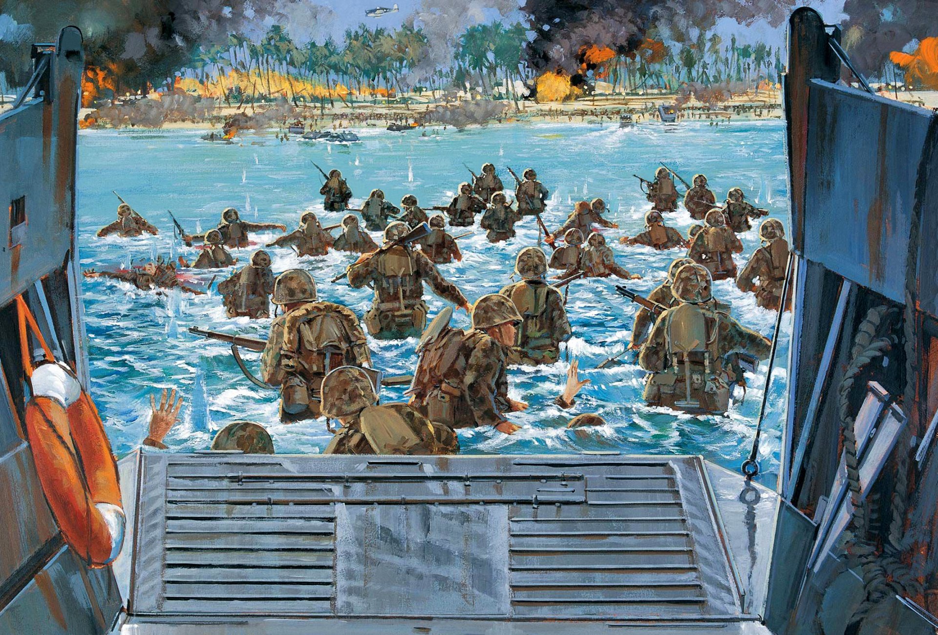 arte soldati battaglia tarawa atollo per tarawa 1943 sbarco marines ha avuto luogo la più sanguinosa battaglia del teatro del pacifico delle operazioni militari risultato vittoria sulle truppe giapponesi usa ww2 artista howard gerrard