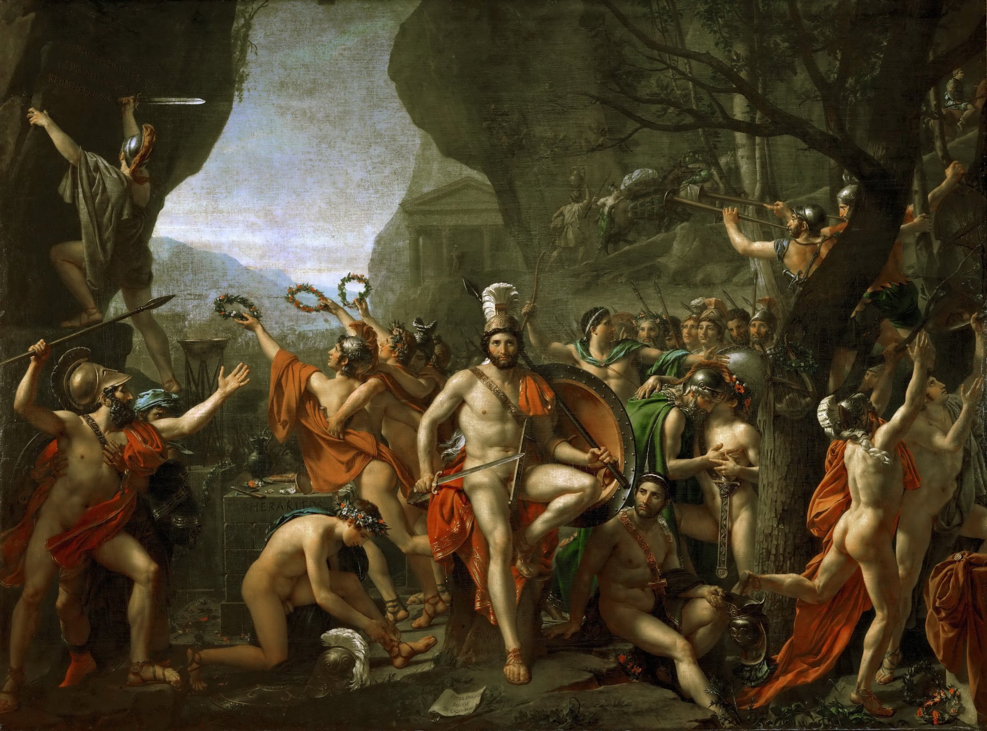 leónidas en la batalla de las termópilas david jacques louis pintor francés pintura lienzo óleo louvre parís