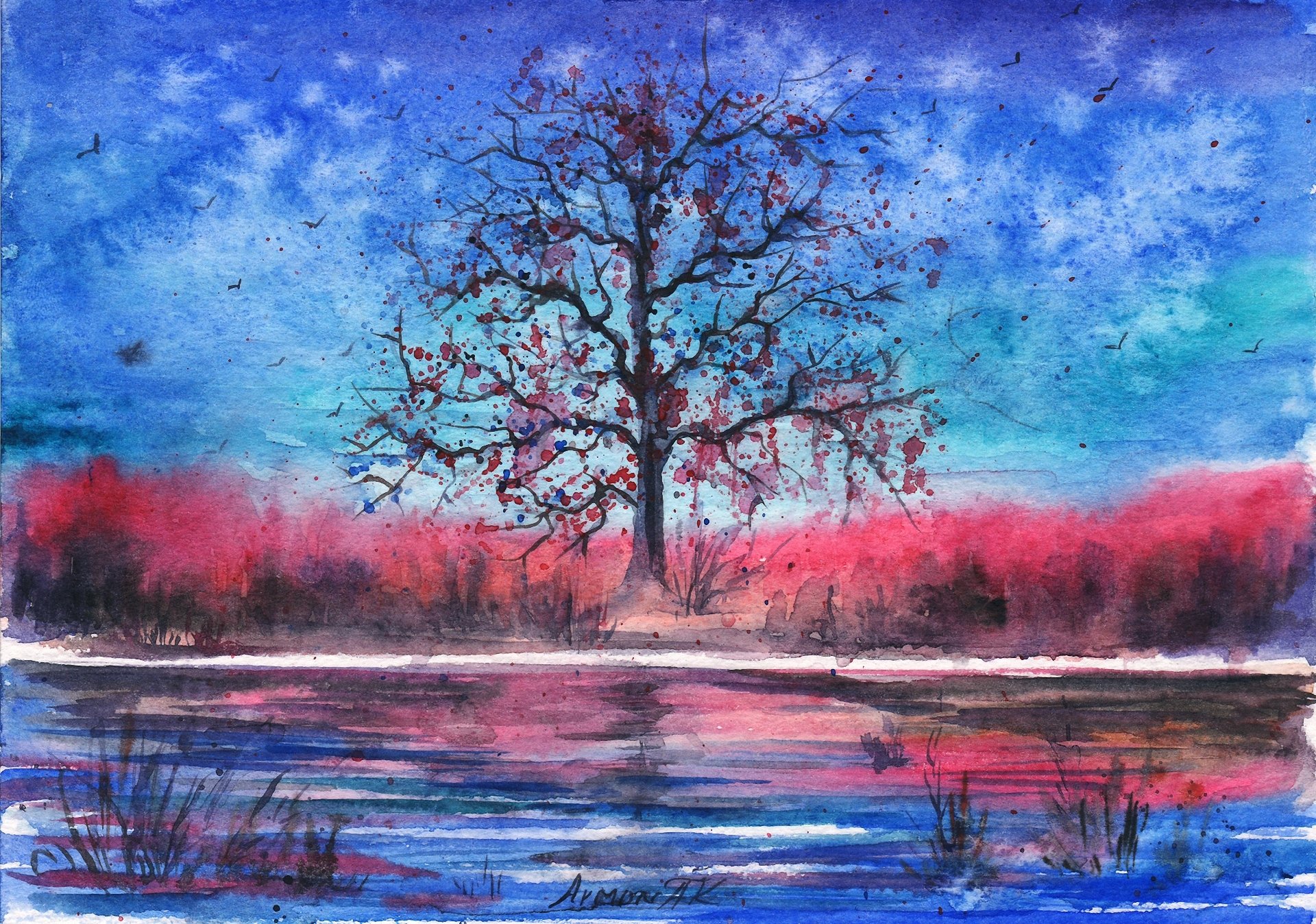 gezeichnete landschaft aquarell abend baum vögel fluss