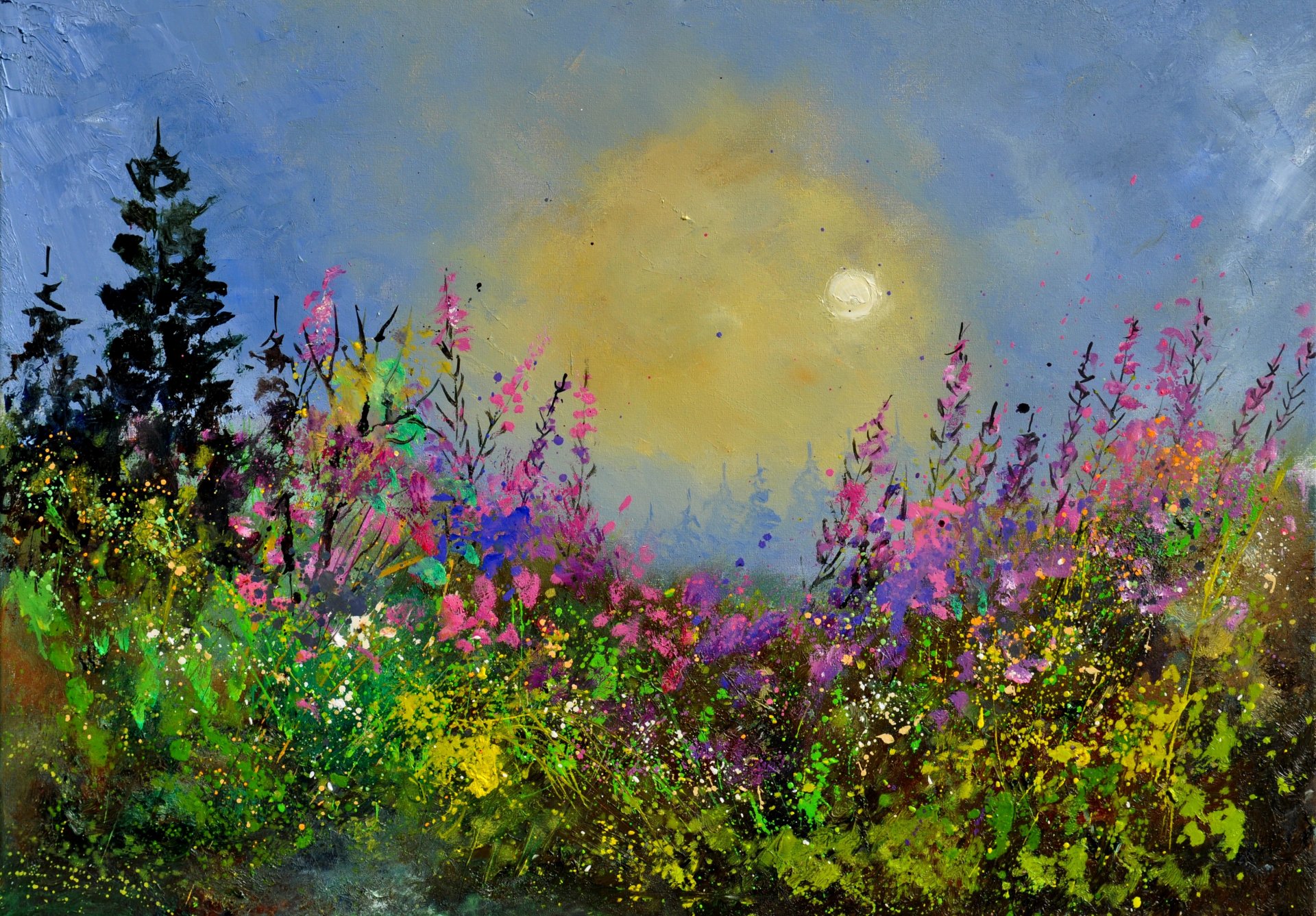 malerei landschaft natur blumen himmel blau sonne