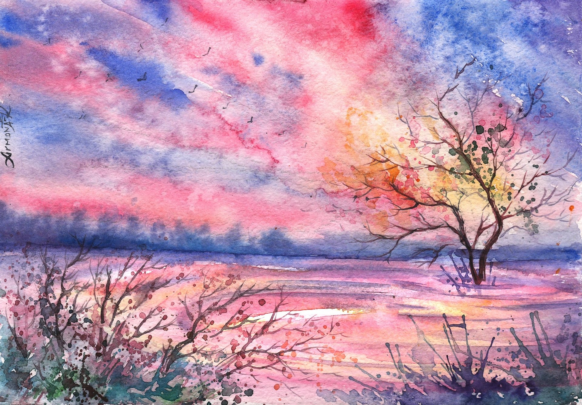 paysage dessiné aquarelle soir arbre oiseaux nuages