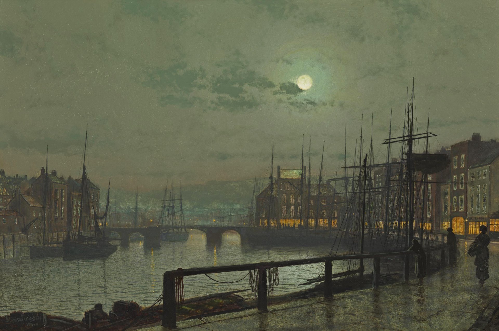 john atkinson whitby remblai rivière bateau navire maisons personnes ciel pont nuages peinture lune