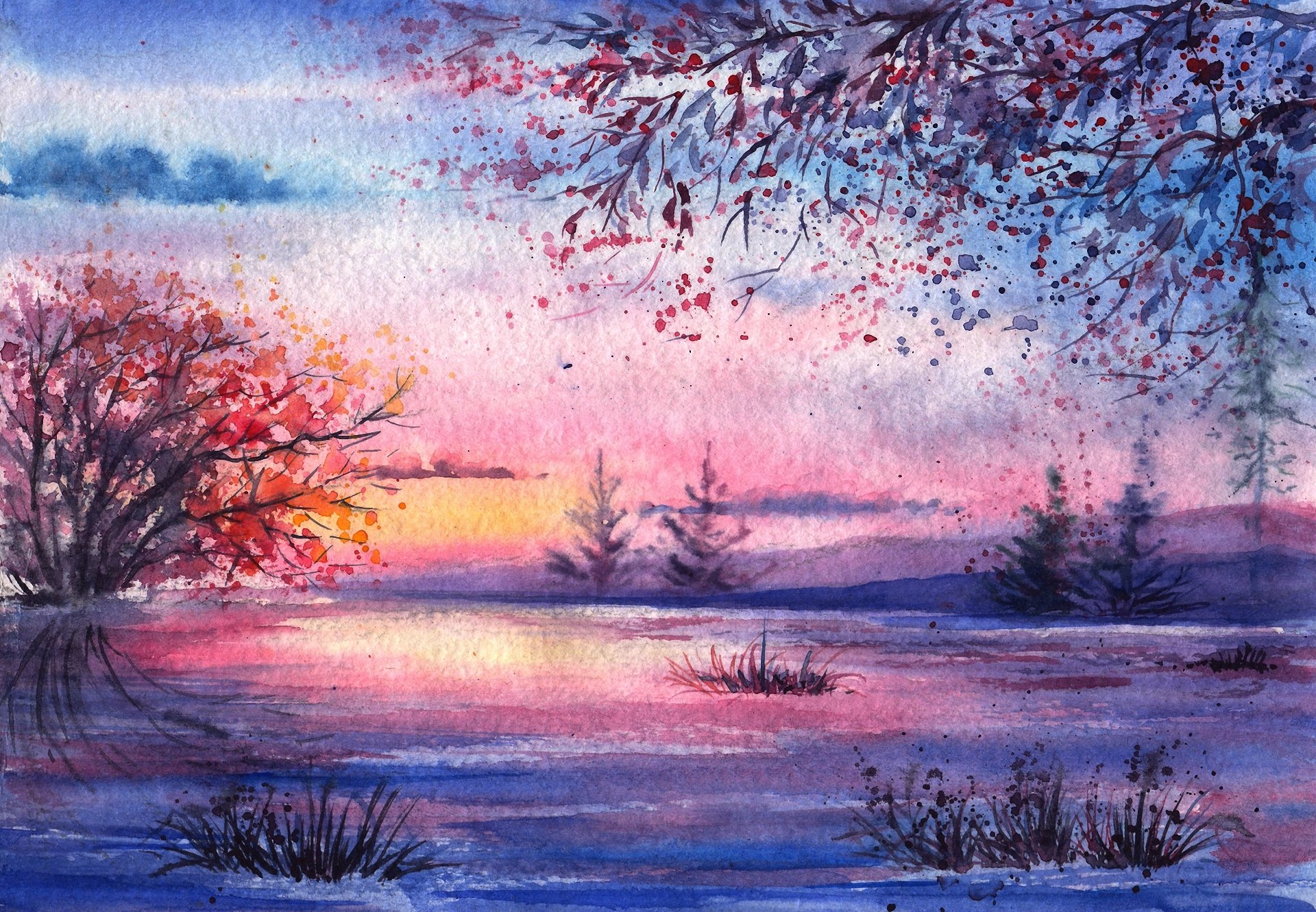 paysage dessiné aquarelle soir arbres feuillage rivière réflexion