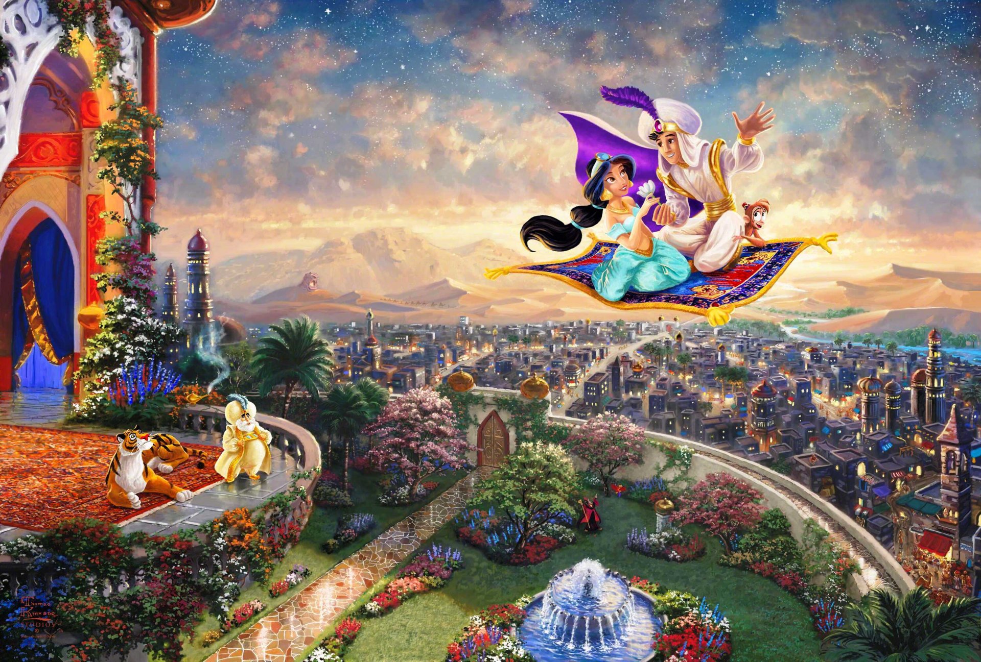 aladdin thomas kinkade studios walt disney thomas kinkade pintura princesa jazmín reino ciudad palacio sultán alfombra de avión fuente lámpara mágica disney