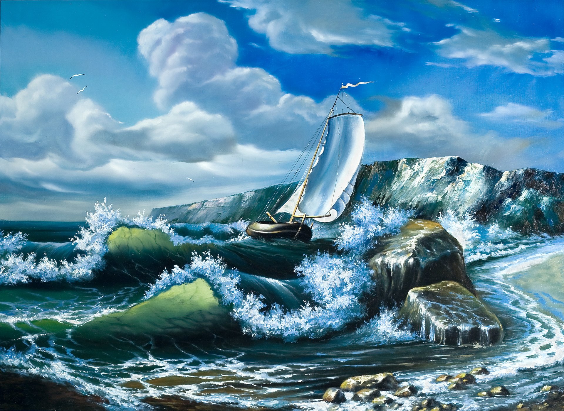 pintura pintura al óleo mar olas barco velas gaviotas nubes cielo