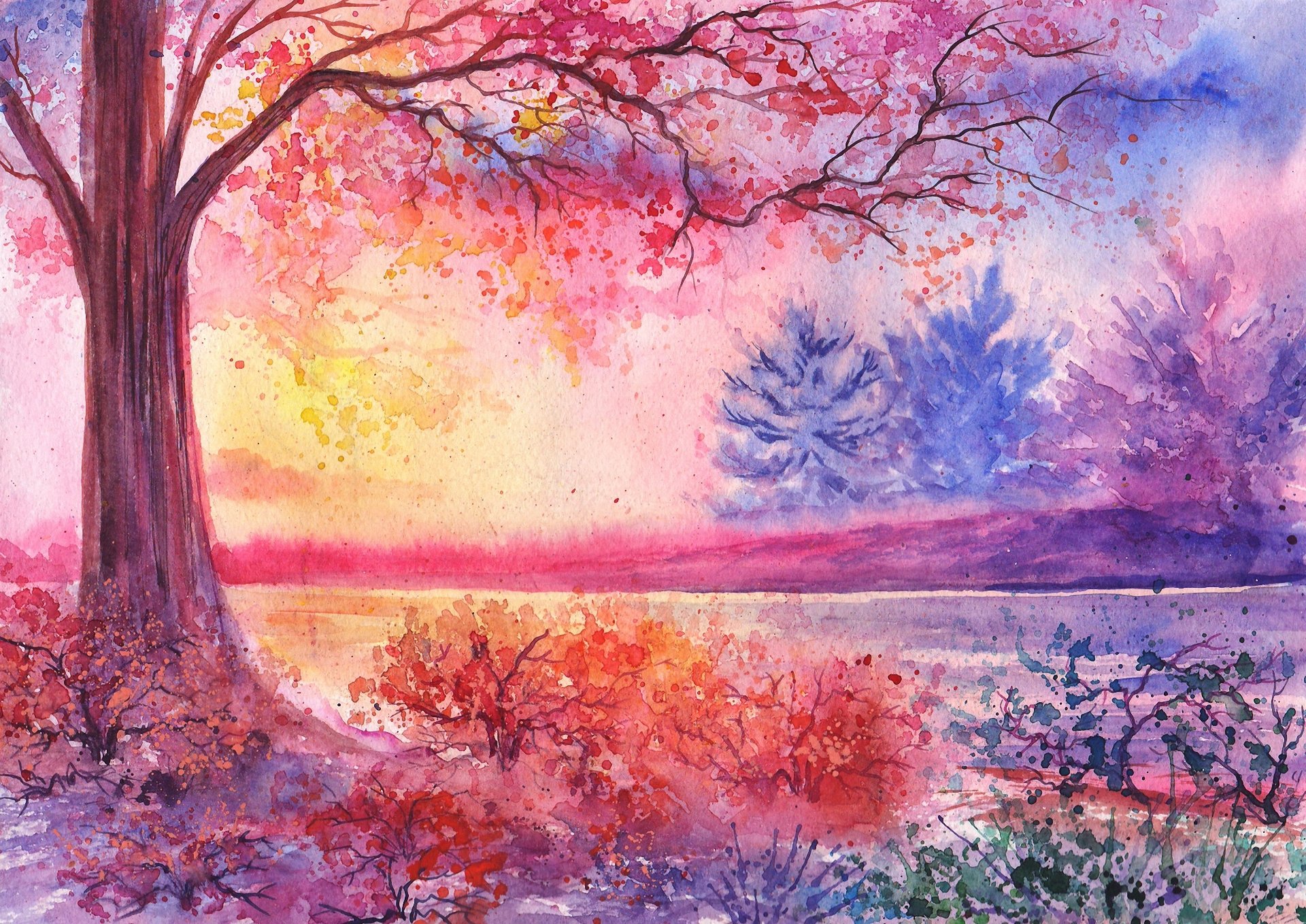 painted landscape watercolor tree bush river