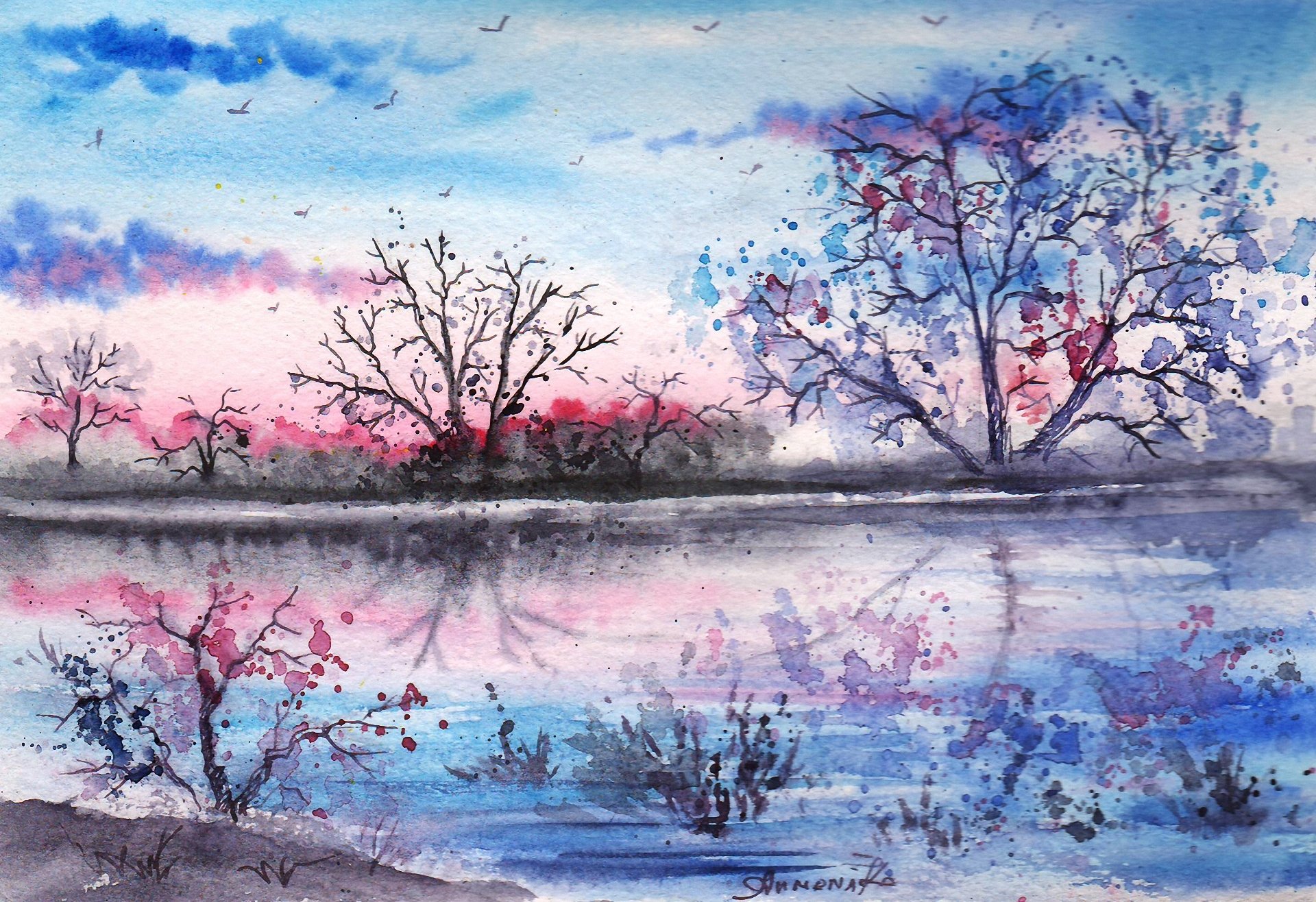 painted landscape watercolor night lake reflection tree bird