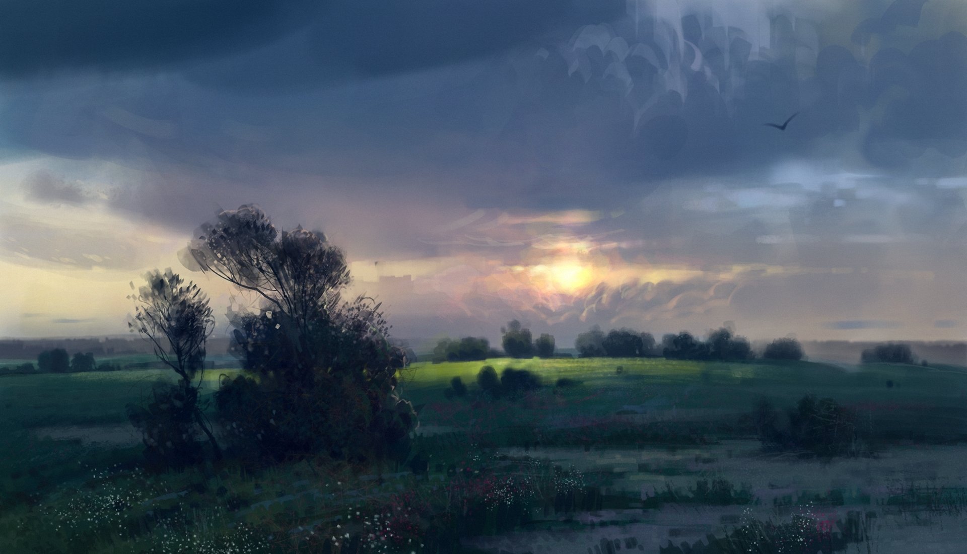 gezeichnete landschaft dämmerung morgen wiese blumen büsche wolken vogel