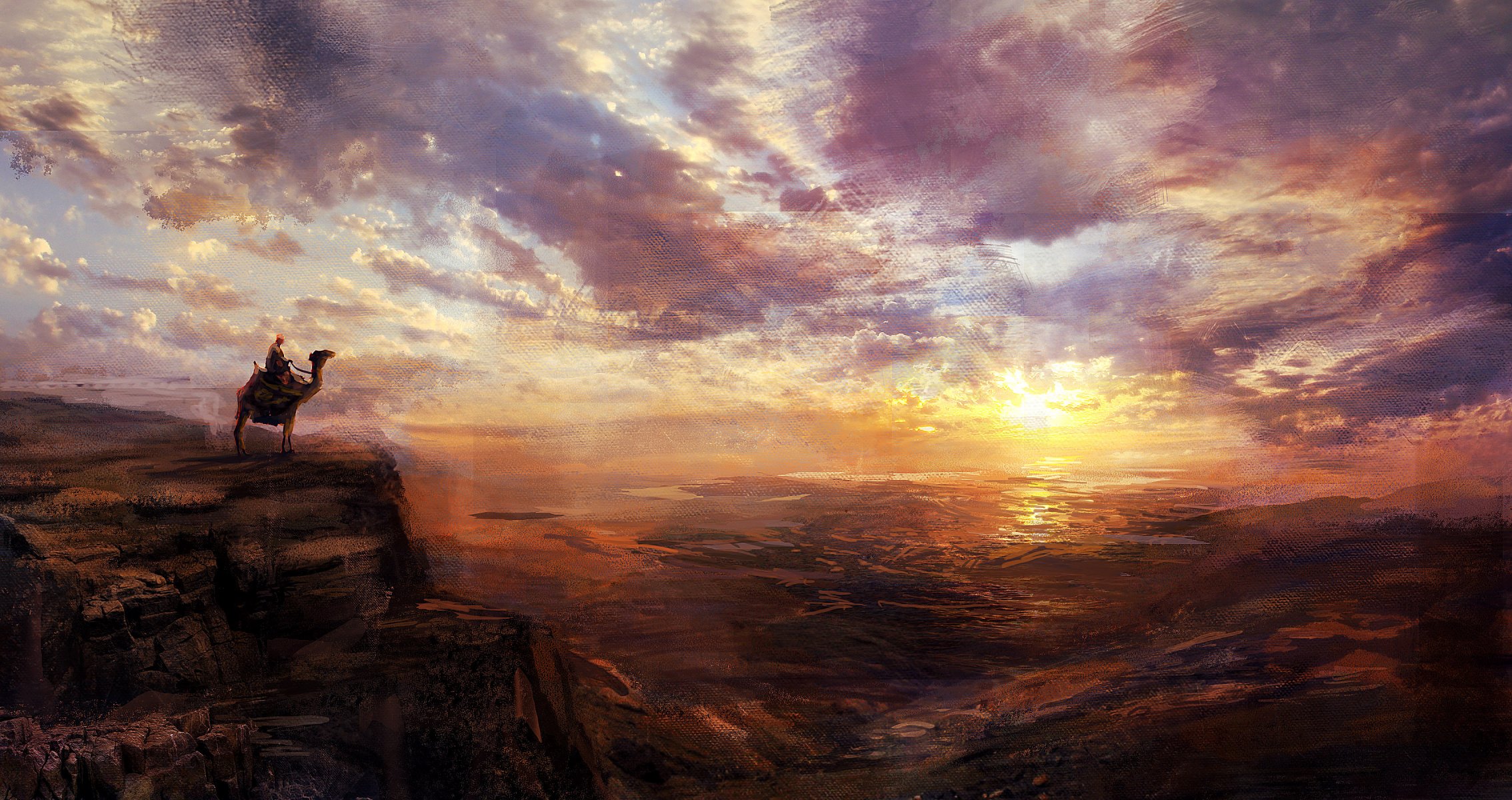 pintura paisaje cielo puesta de sol animal camello hombre admirando belleza