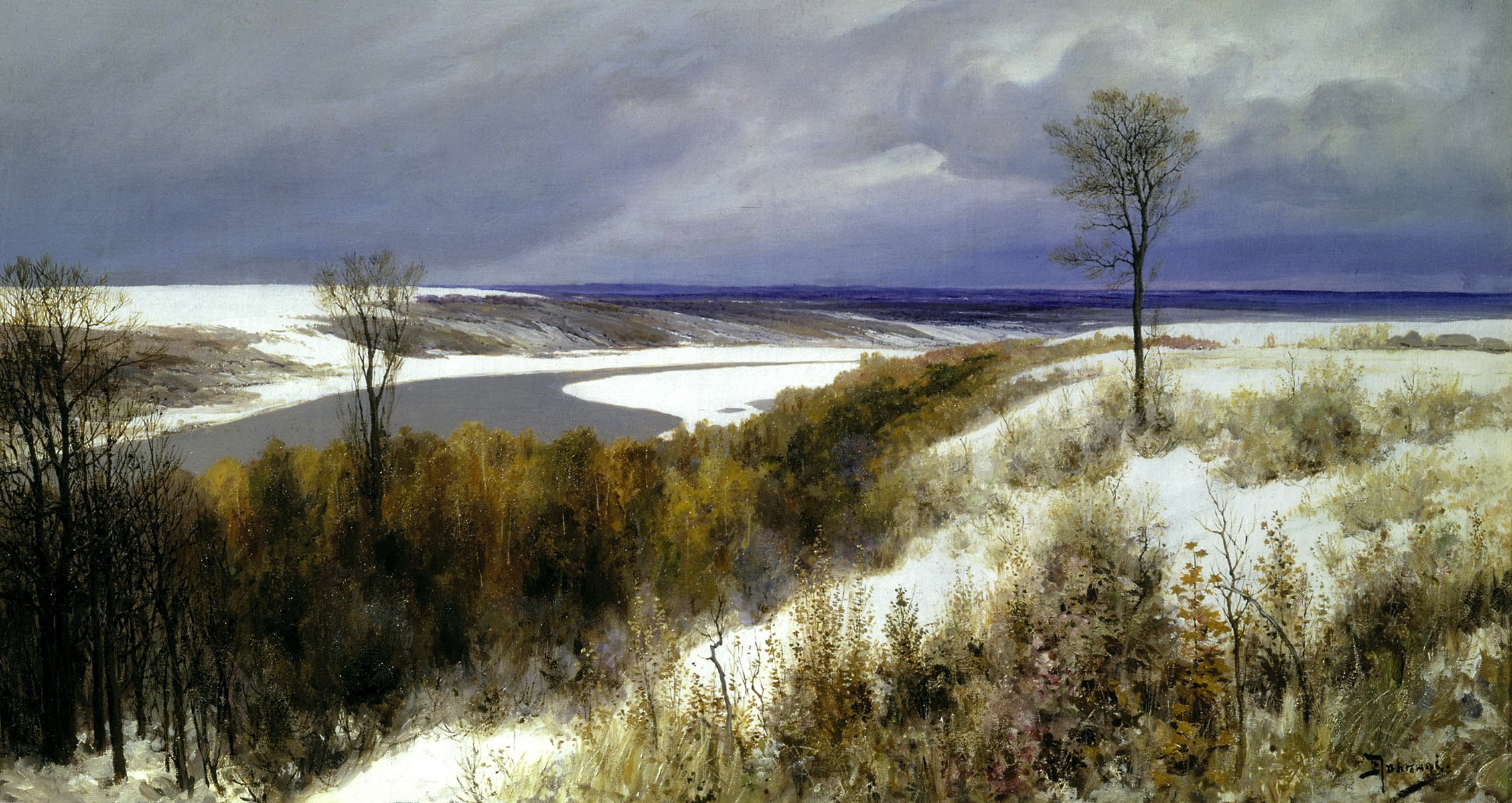 polenov pintura nieve temprana finales de otoño río nubes cielo estado de ánimo