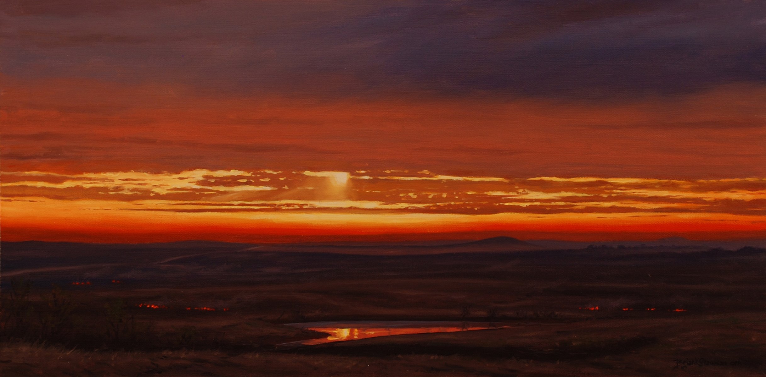 painting landscape art morning fires brian slawson morning dawn sky clouds light fire water reflection steppe plain fire