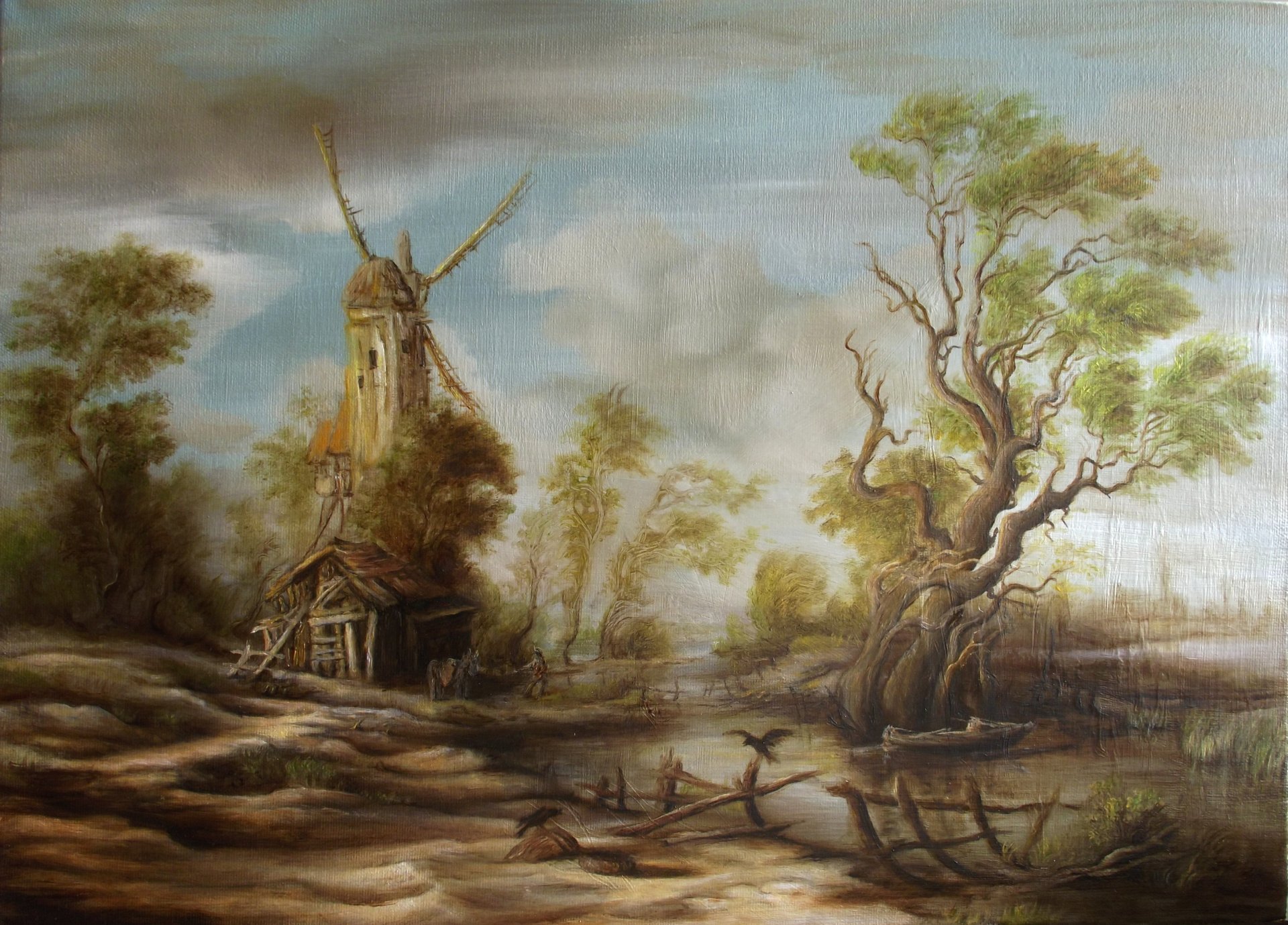 art nature mill painting tree swamp lake water bird raven hut house hut man donkey animal fence boat