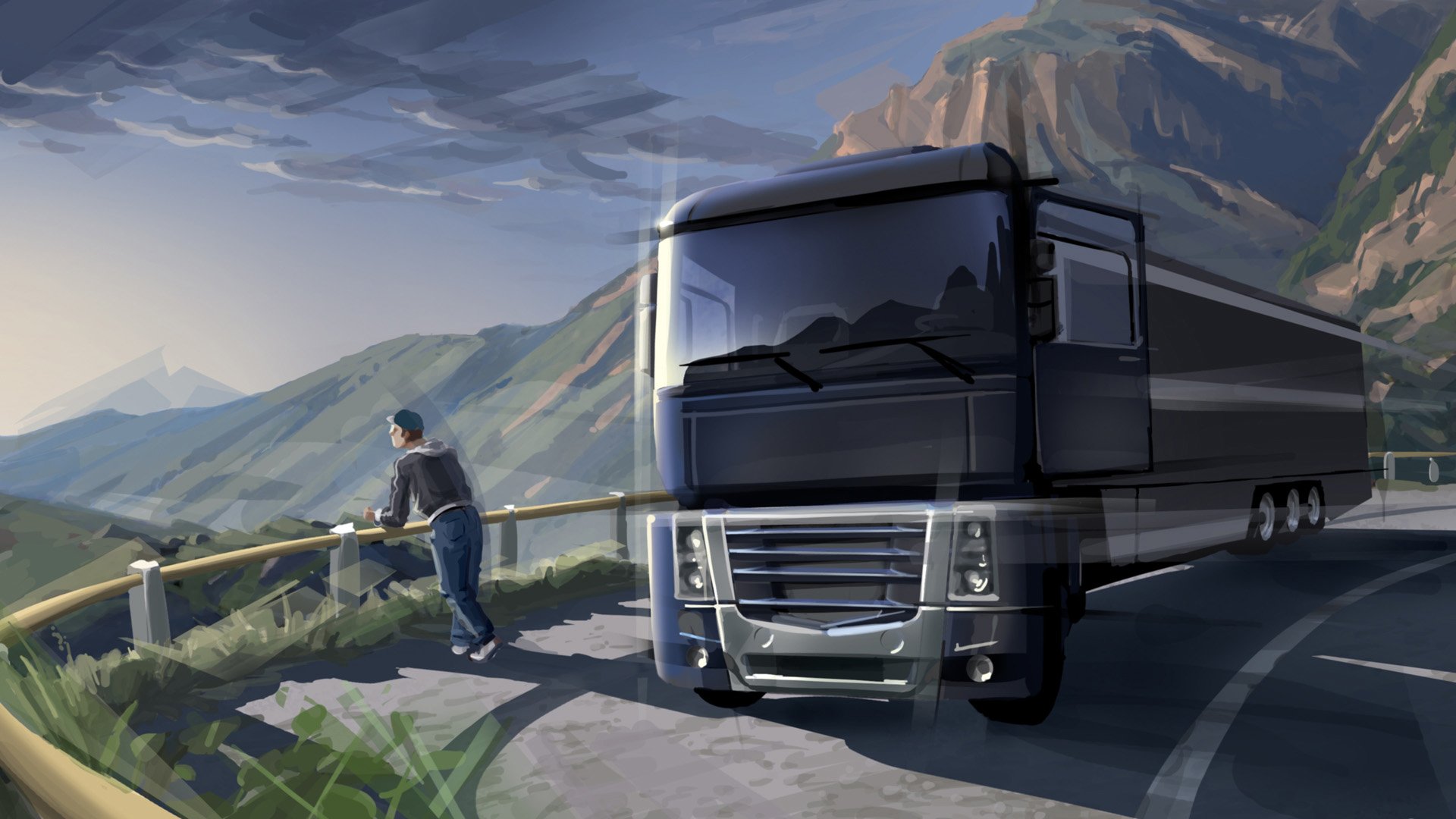 art voiture peinture cargo euro truck tracteur fourgon remorque chariot arrêt conducteur camionneur loisirs contemplation nature route marquage montagne