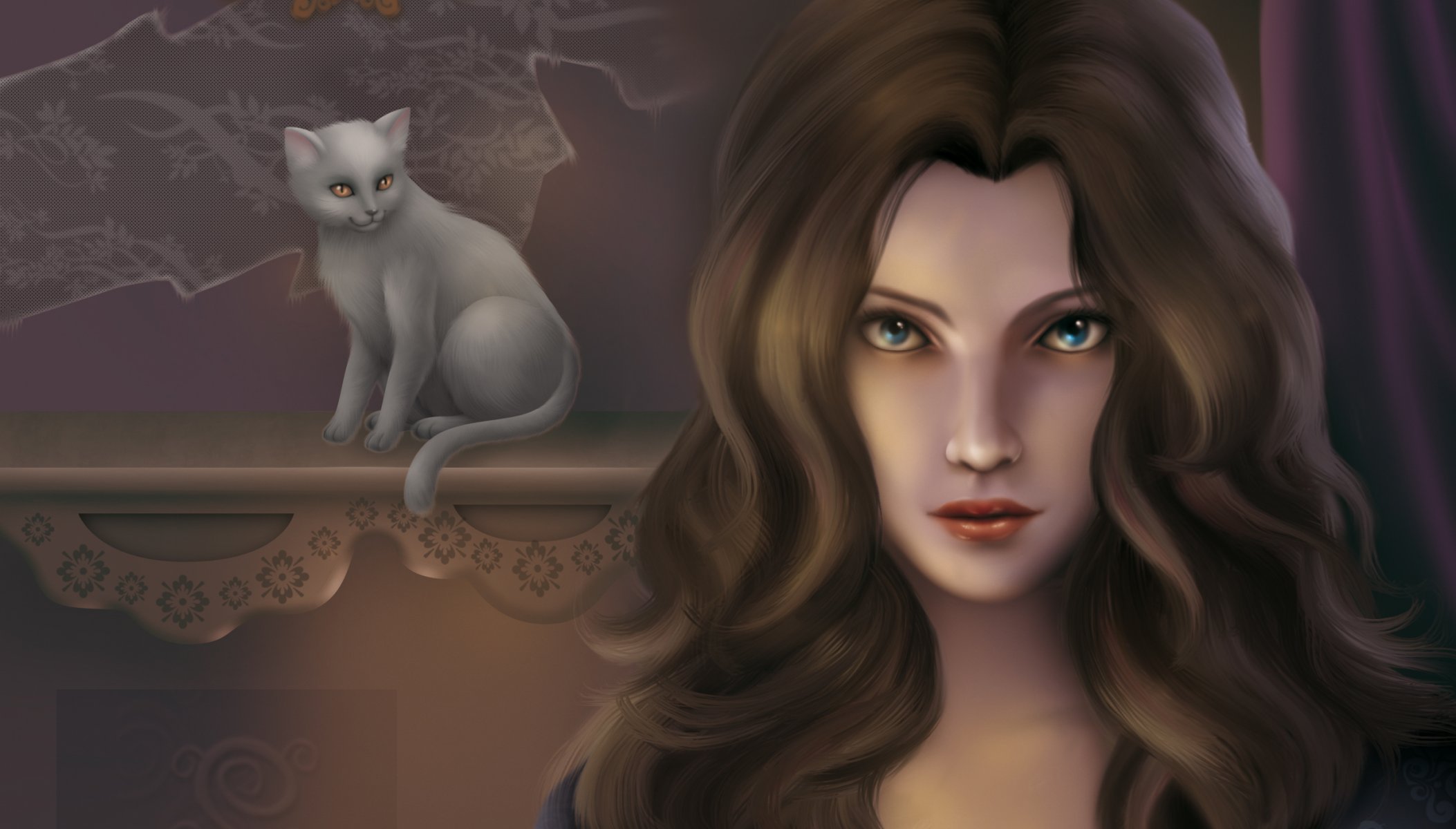 art painting girl view eyes hair curls background cat white