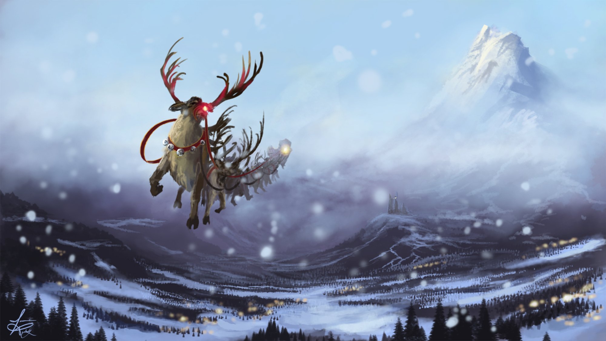 art new year winter snow reindeer team flight mountain castle