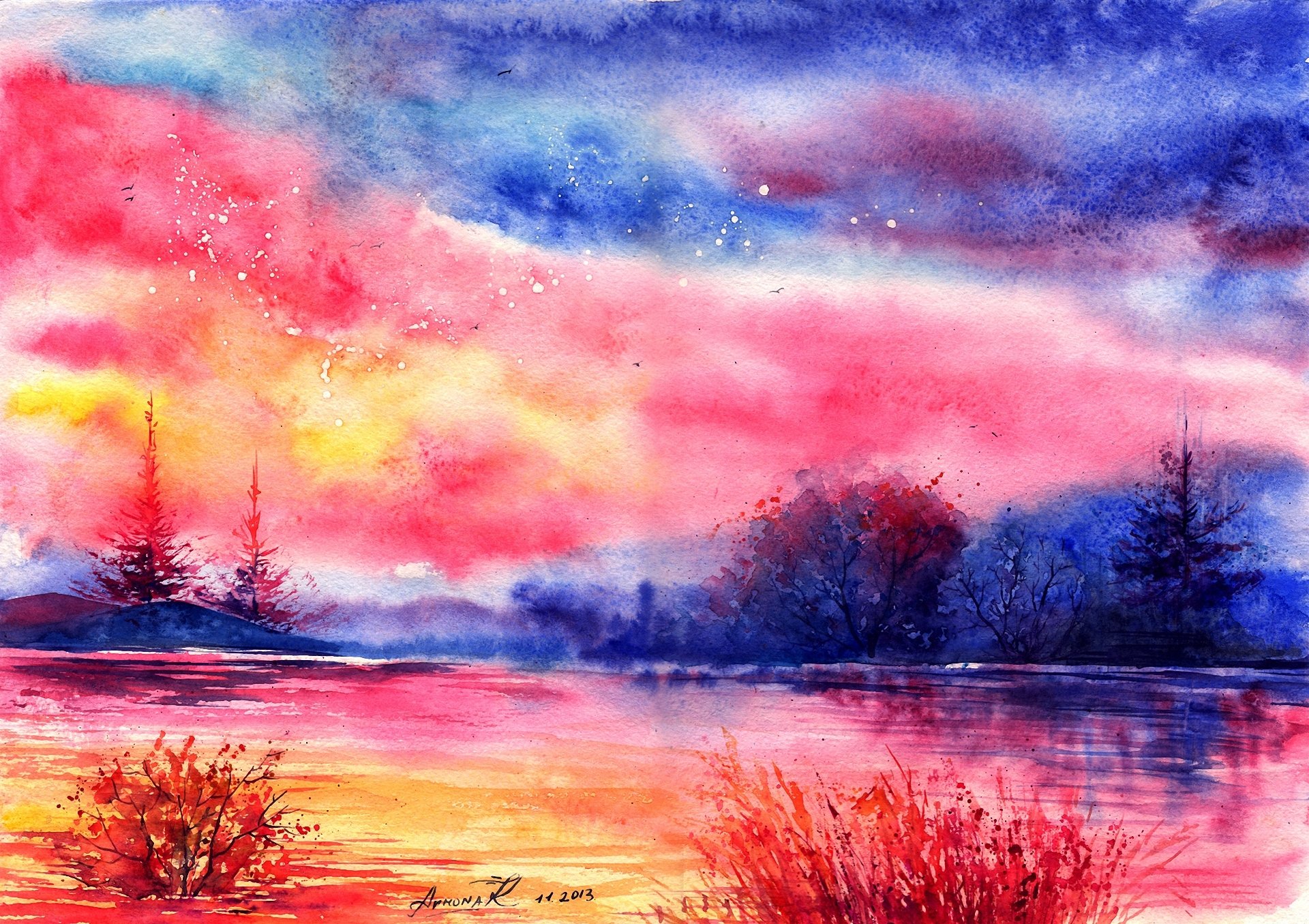 gezeichnete landschaft aquarell abend wolken. fluss bäume vögel