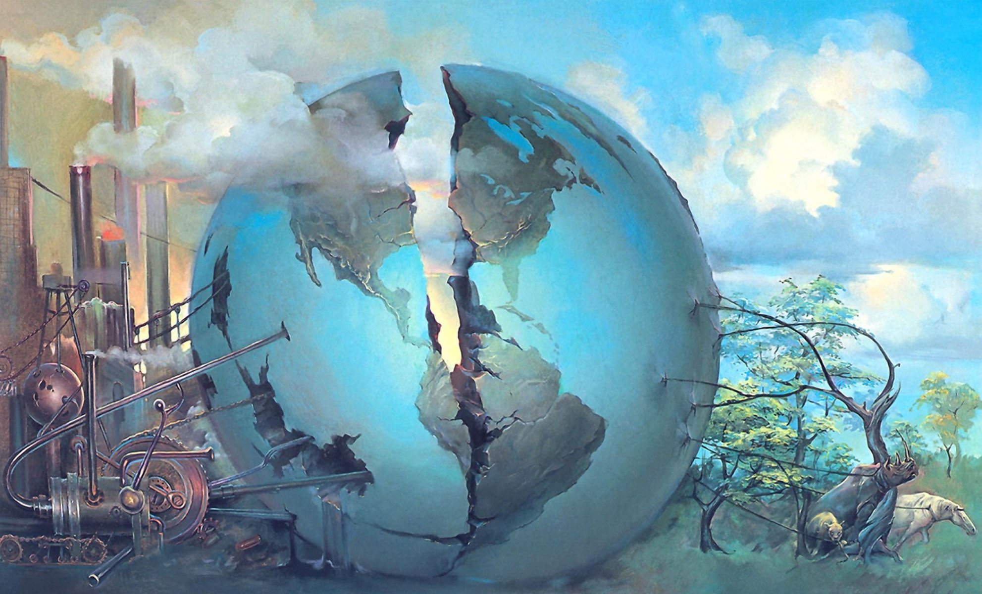 surrealismo john pitre globo terráqueo grieta animales