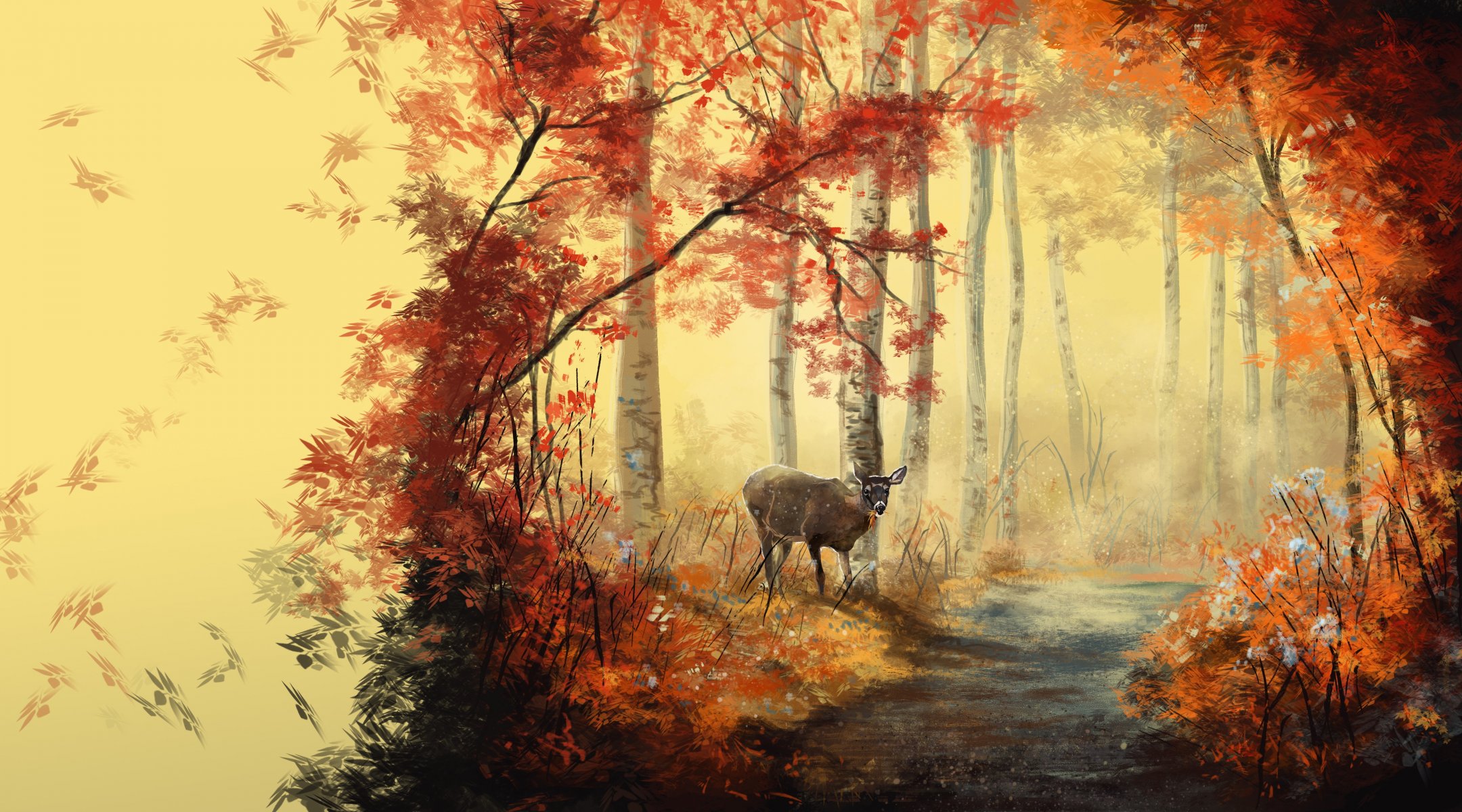 pittura arte animale passerella foresta alberi foglie autunno