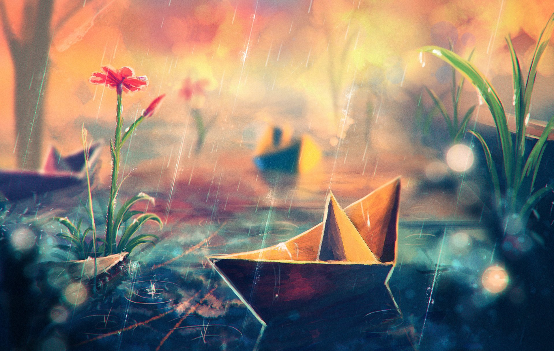 art rain paper boat grass flower