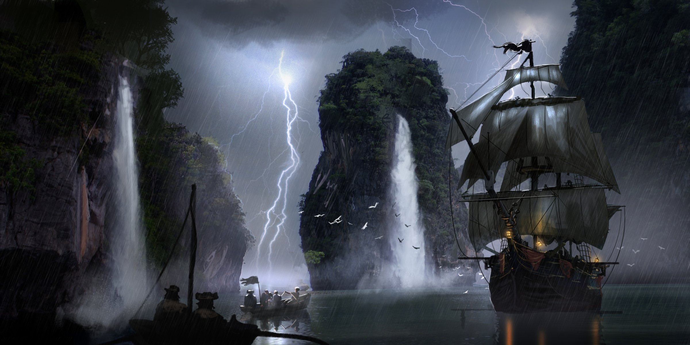 art ship sail pirates boat lightning waterfall