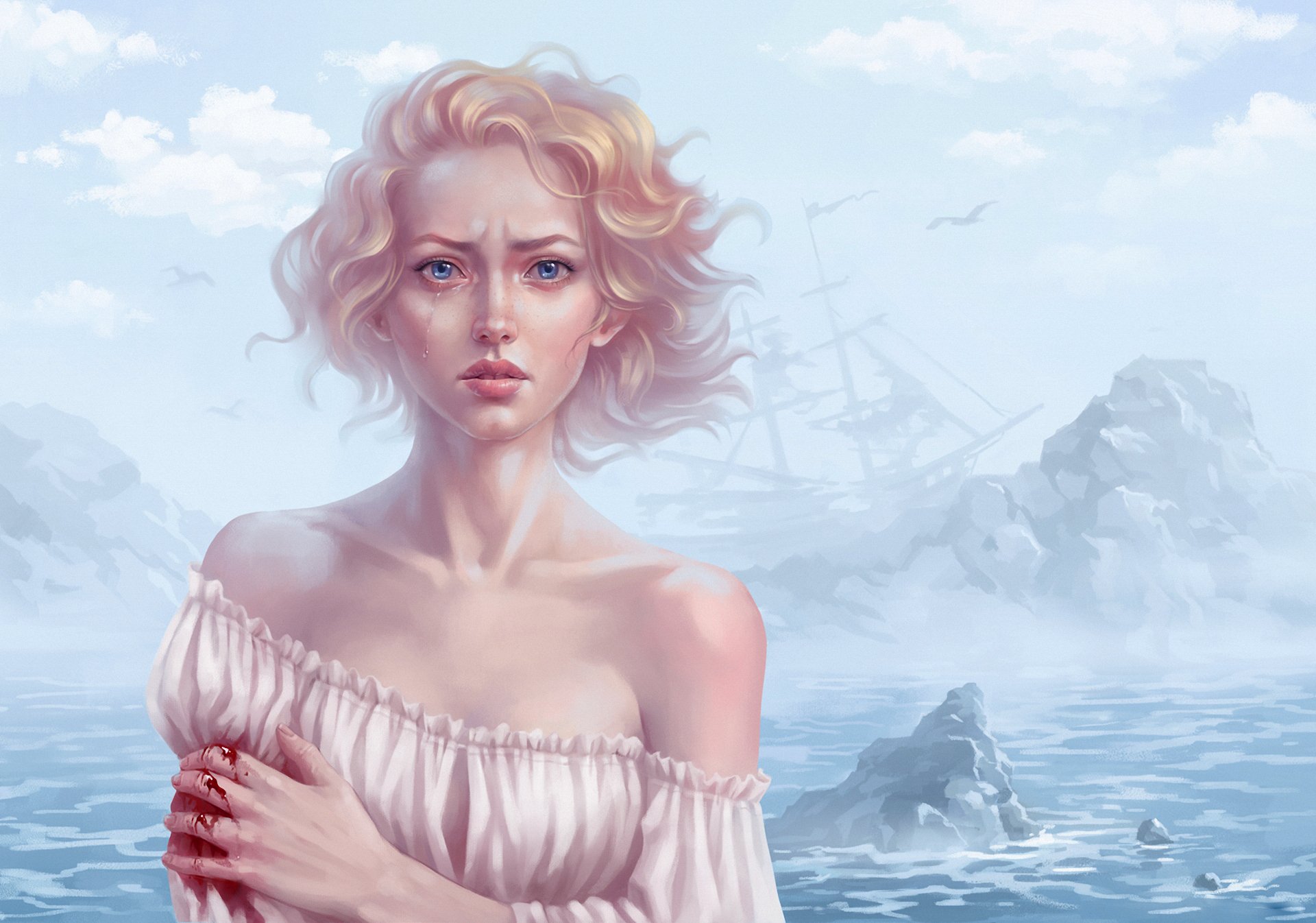 art to draw a girl blonde wind sea ship gulls clouds blood