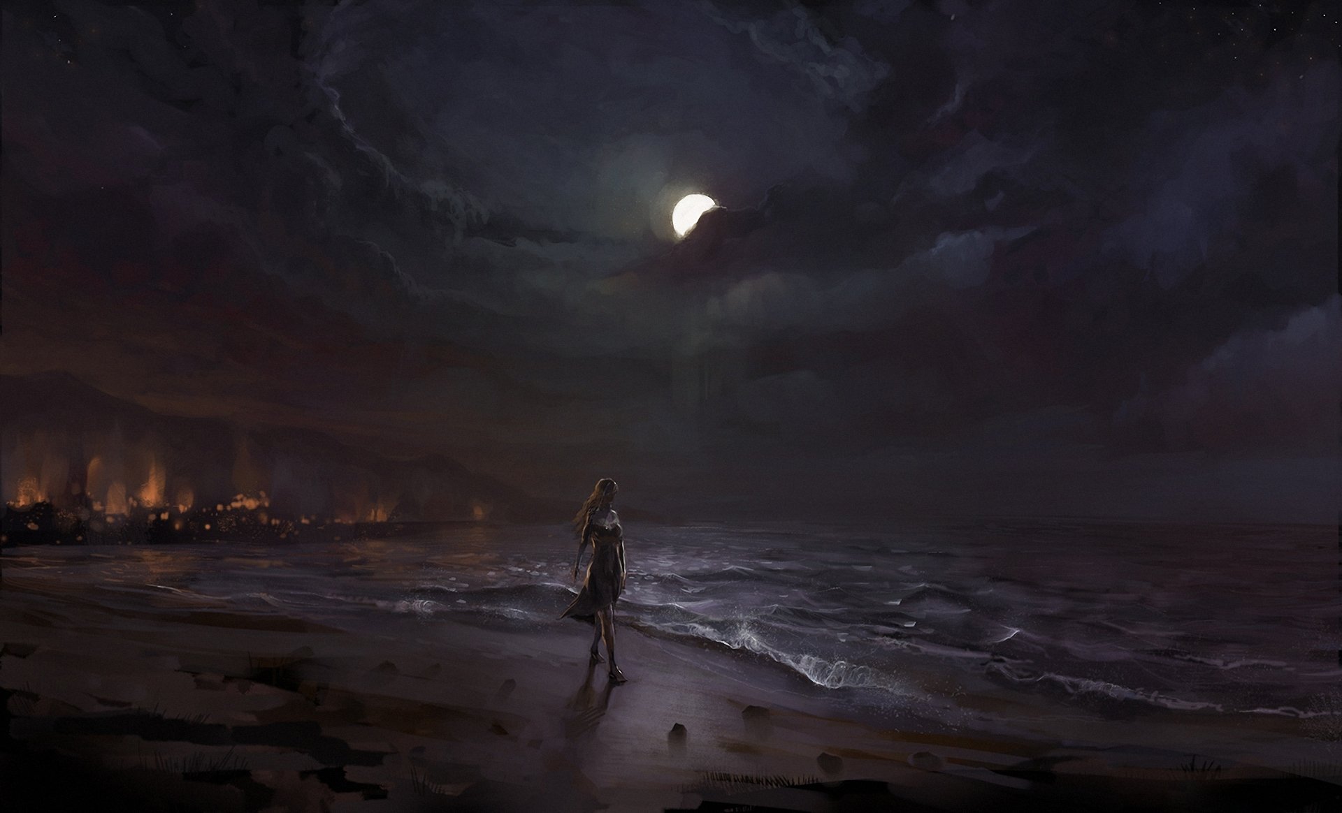 art mer surf nuit lune fille sable côte promenade