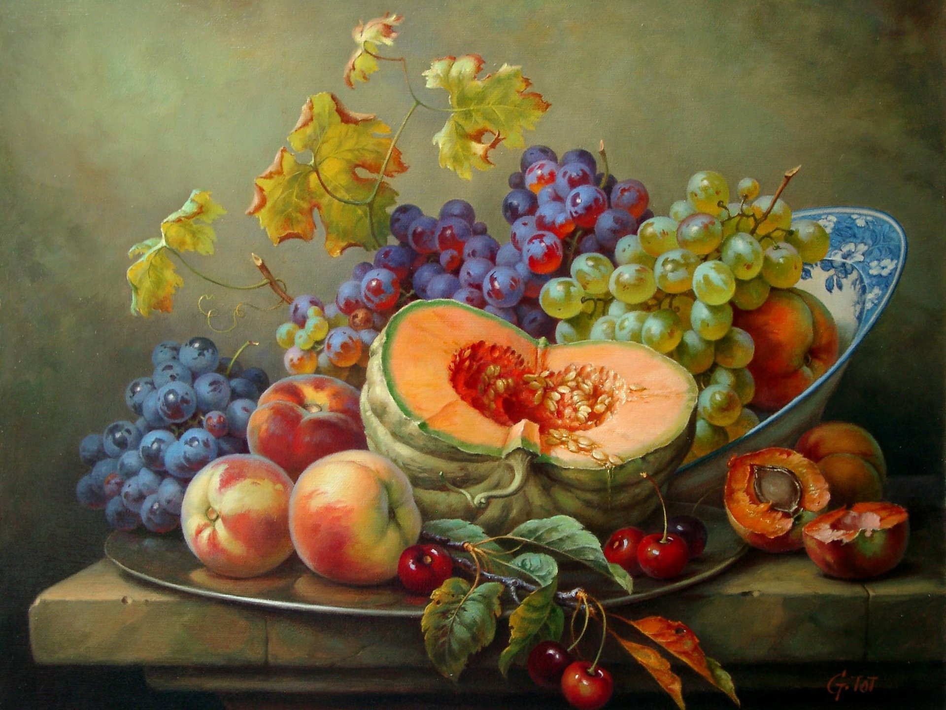 gabor toth pittura natura morta zucca pesche uva ciliegia