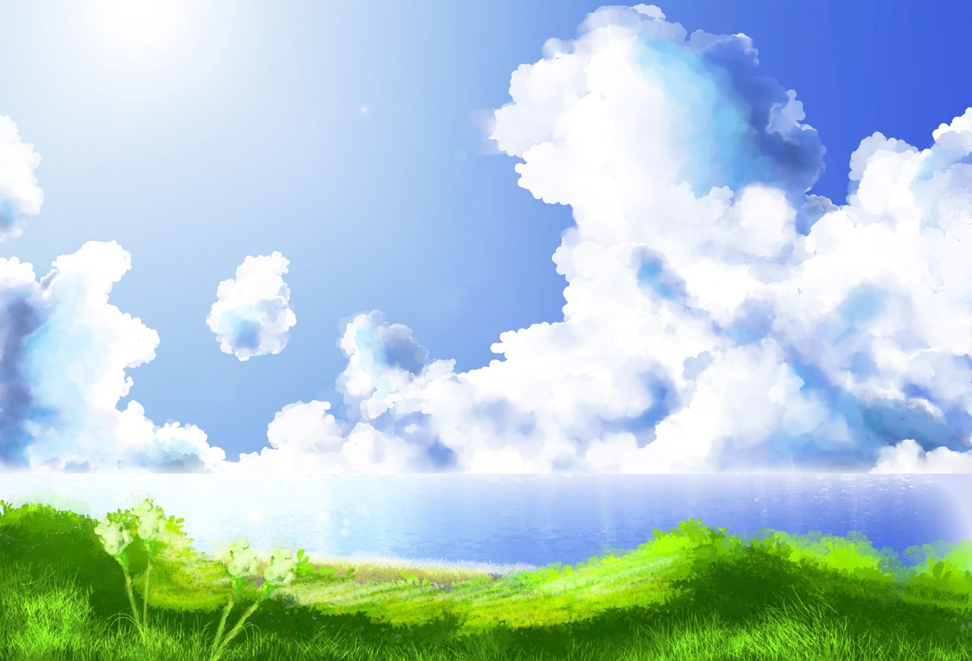 dessin paysage nuages herbe mer soleil rivage