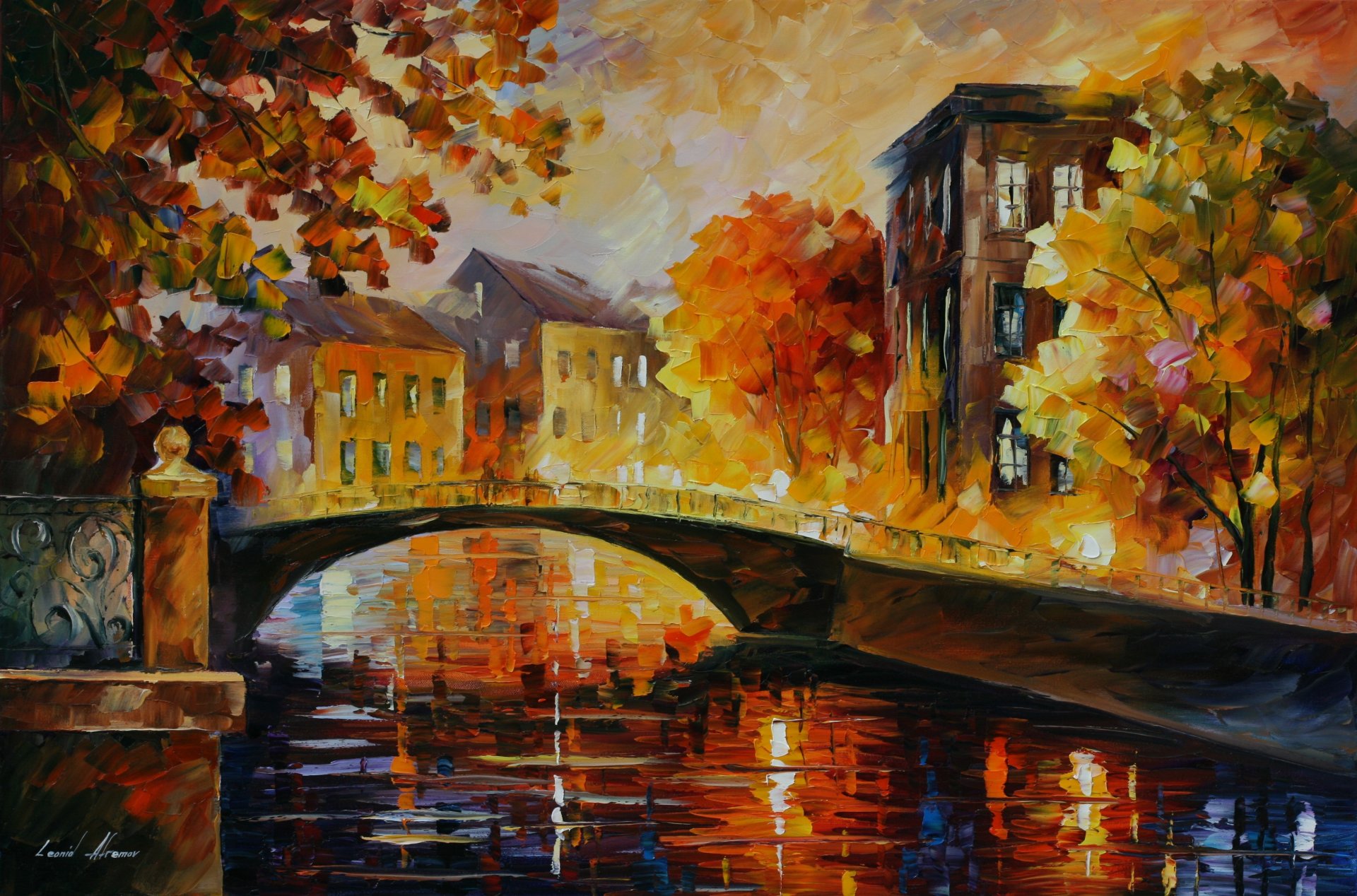 leonid afremov paesaggio città ponte case autunno alberi