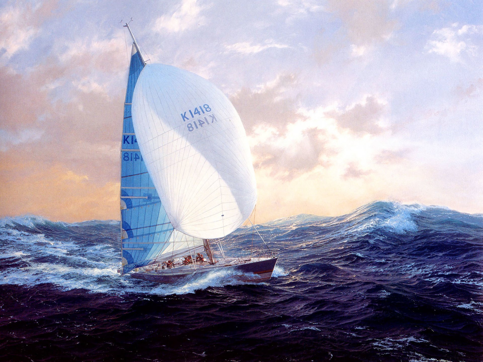 j steven ros yacht mer agitée vagues vent ciel nuages peinture