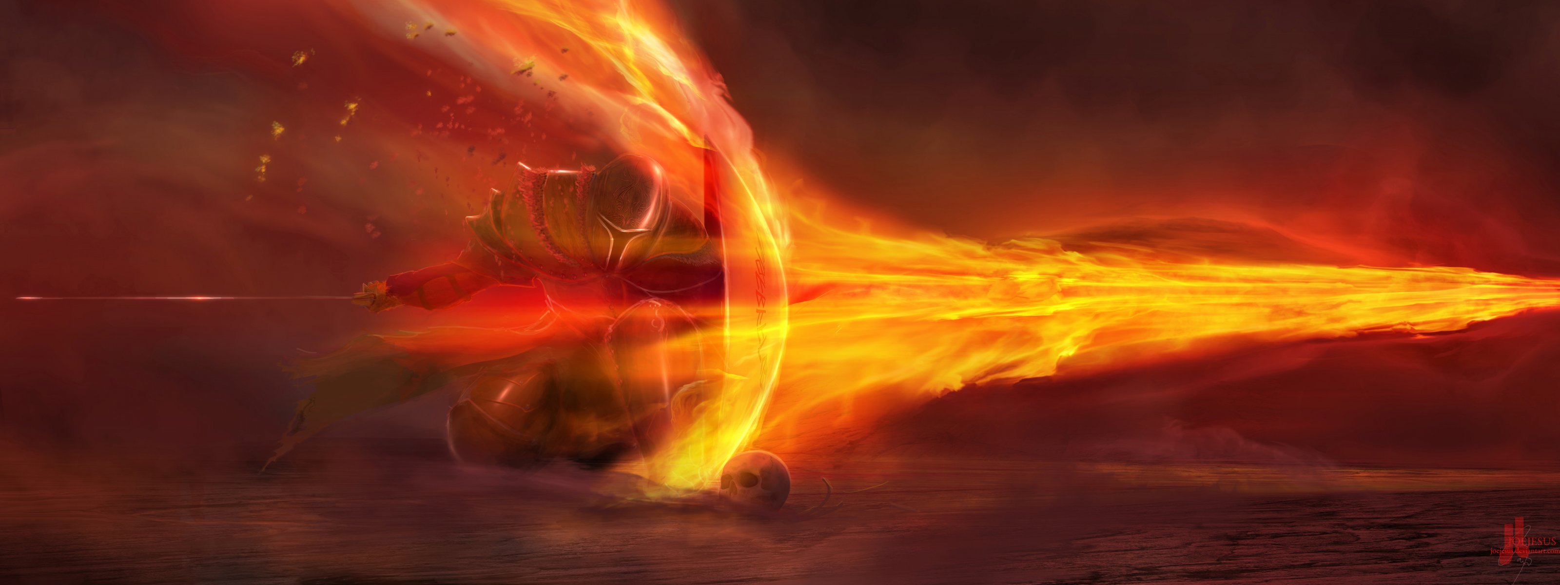 knight flame shield art fire skull