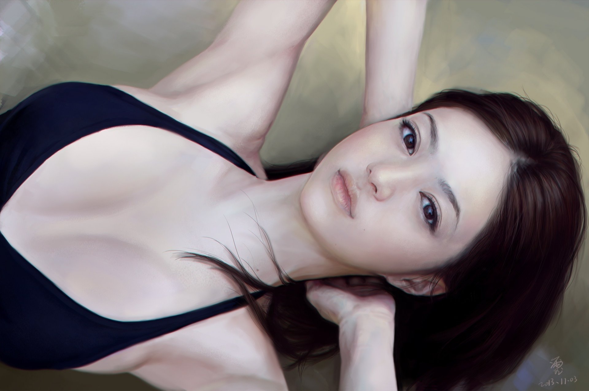 pintura arte chica mentira manos cuello asiático cara mirada ojos