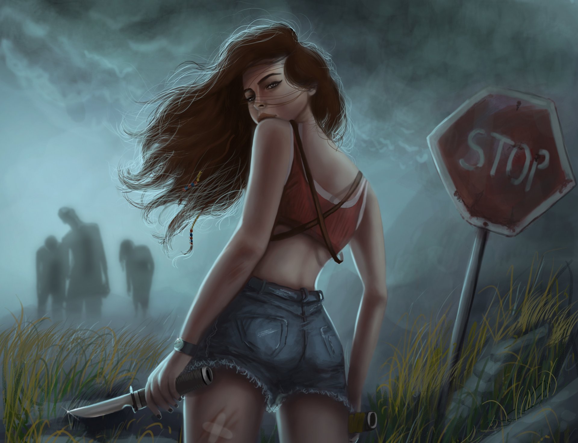 art fille vue cheveux short couteau arme signe arrêt zombie survie