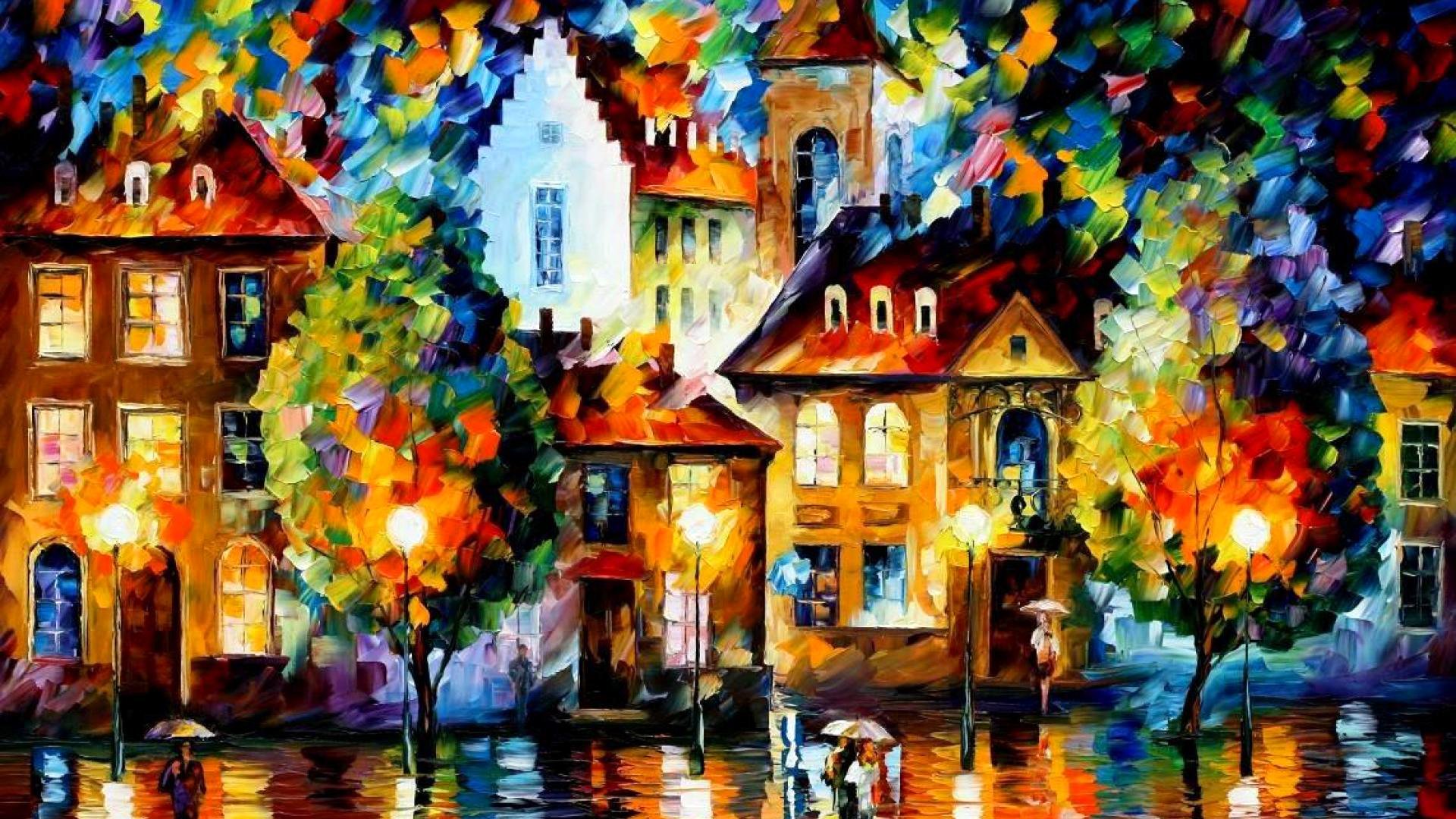 leonid afremov pintura paisaje ciudad casa calle árboles personas paraguas nublado color pintura