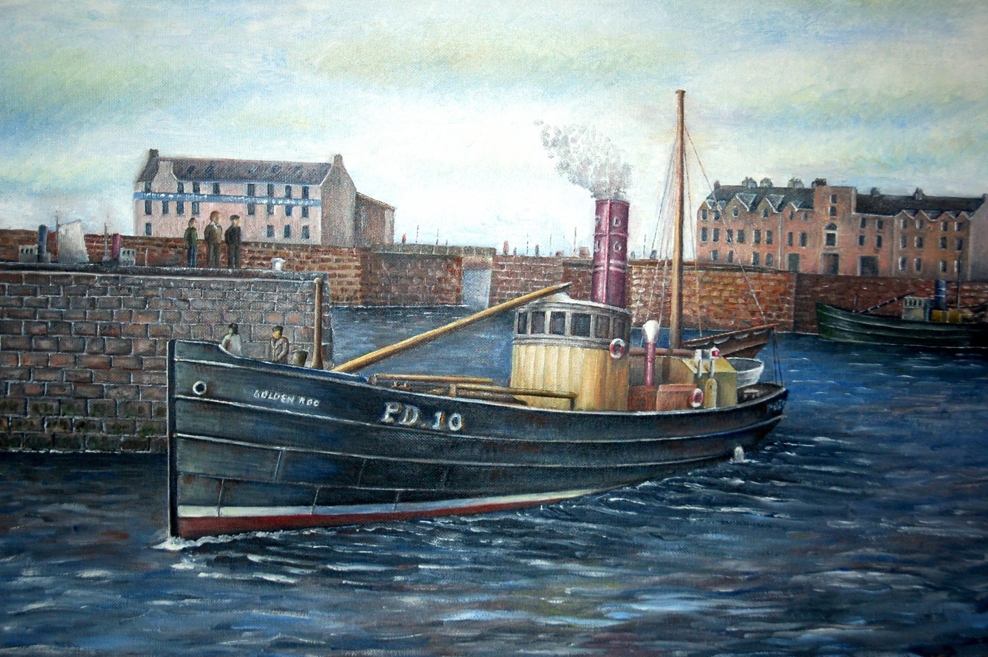 pintura lienzo óleo puerto pesquero seiner pd10 golden wand puerto de peterhead escocia