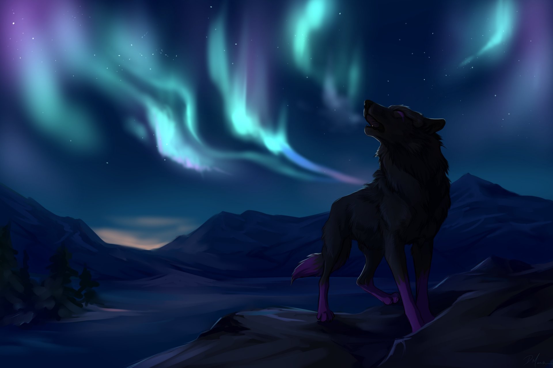 loup aurores boréales montagnes arbres