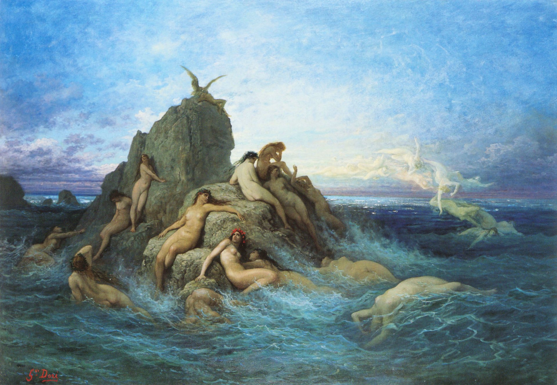 gustave doré pittura naiadi marine mare onde rocce mito cielo nuvole