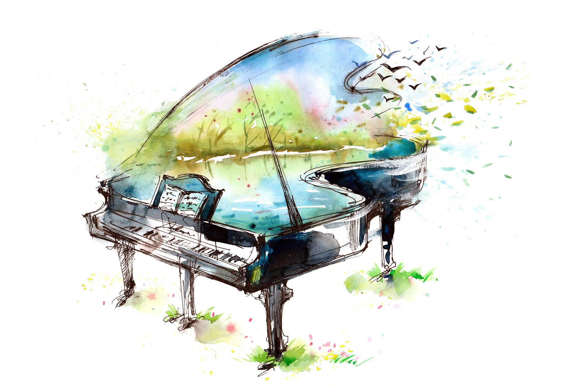 art piano notes oiseaux lac dessin aquarelle