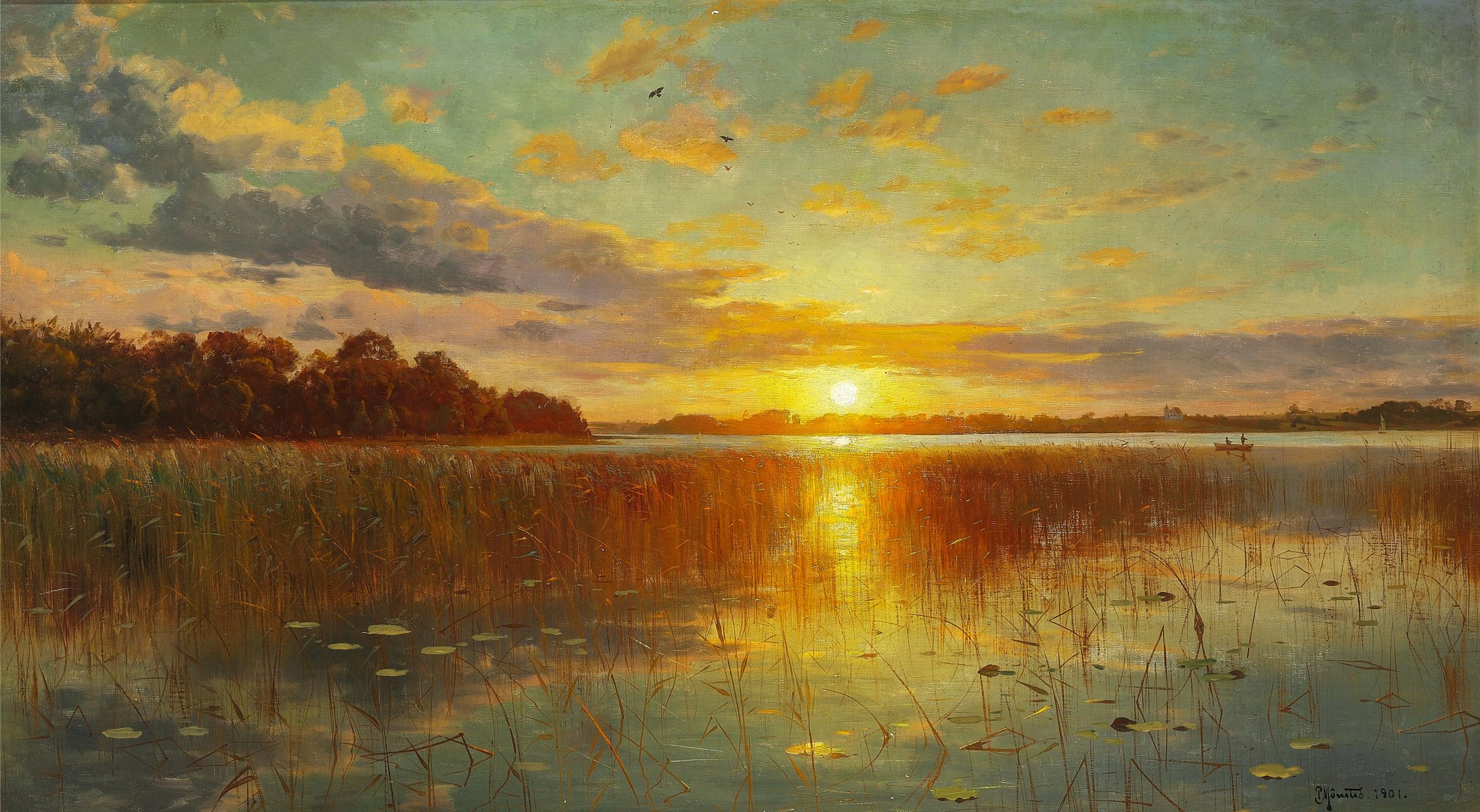 peder monsted pittura paesaggio fiume cielo nuvole tramonto sole alberi riflessione