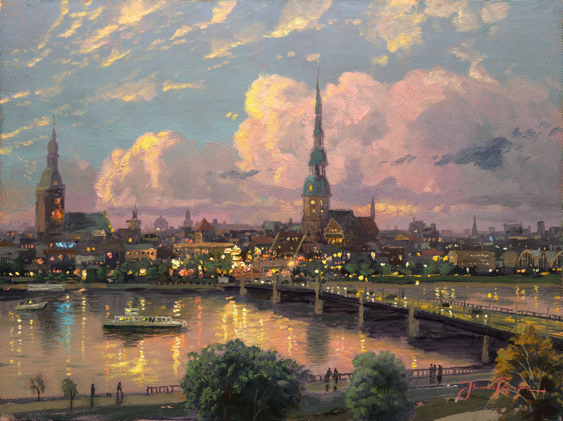 coucher de soleil sur riga lettonie thomas kincaid peinture grand vieux médiéval ville europe riga coucher de soleil pont rivière daugava flèche flèche de saint-pierre cathédrale duomo place