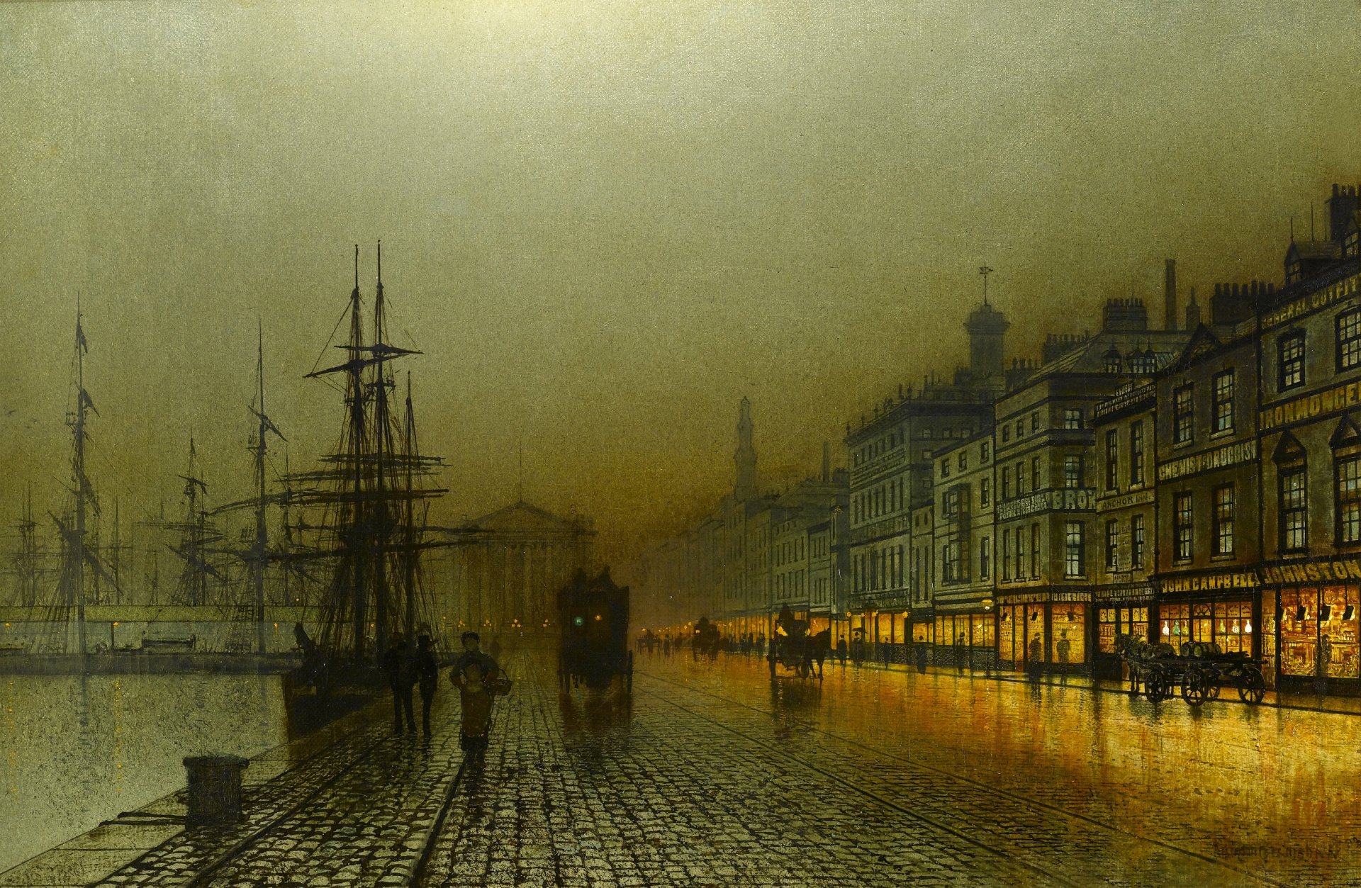 john atkinson greenock harbour di notte pittura notte lungomare case luci persone nave molo fiume