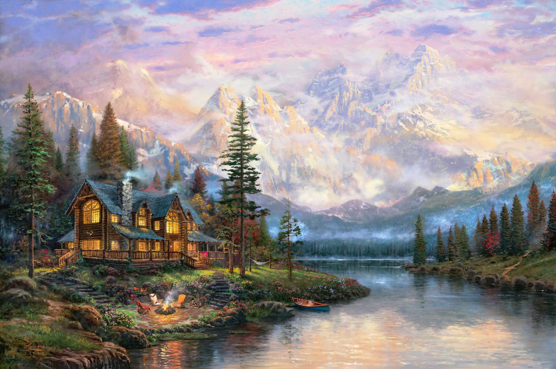 catedral mountain lodge thomas kinkade pintura montañas bosque río casa cabaña sillas hamaca barco fogata fuego niebla ciervos cruz